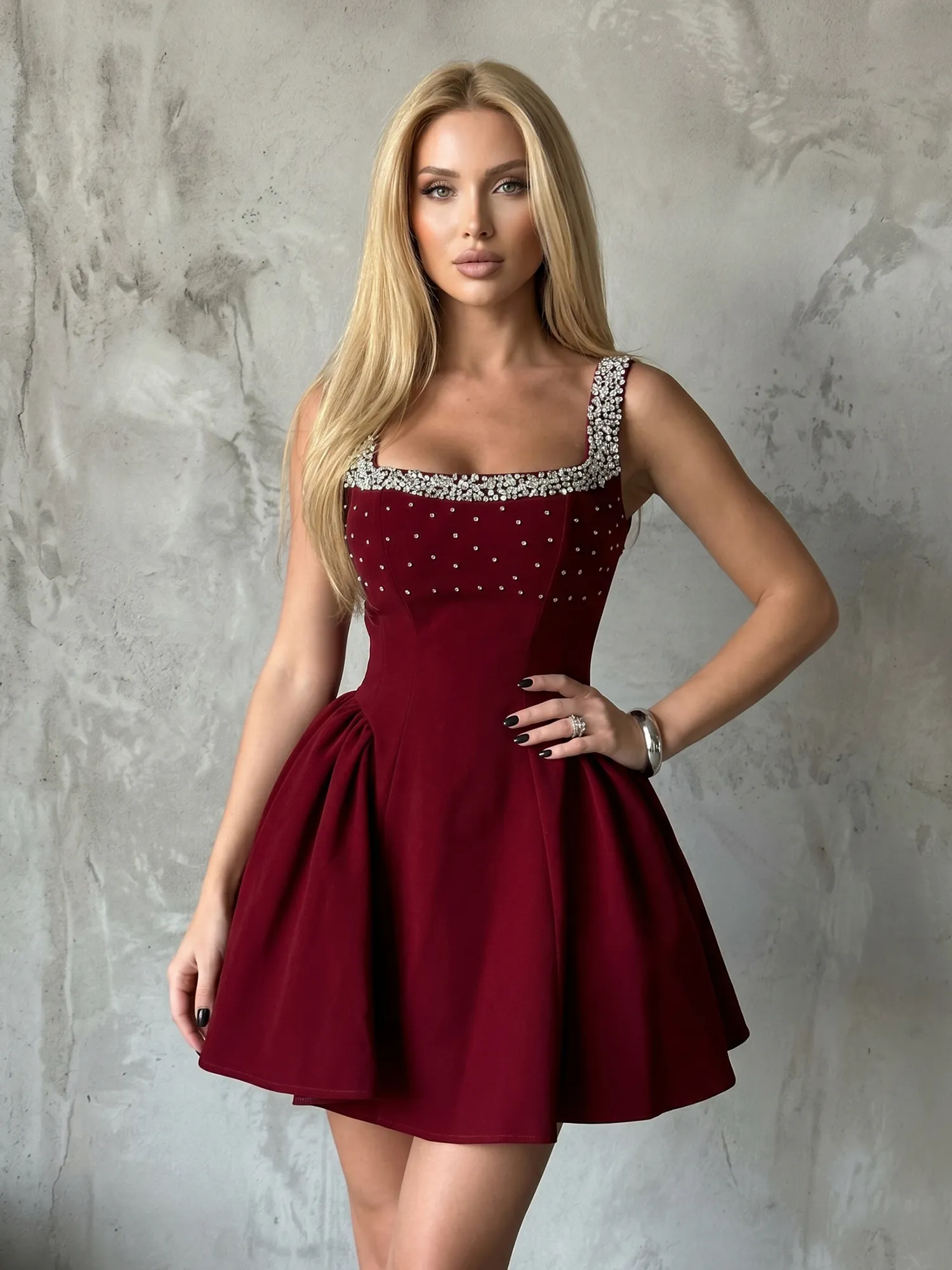 Burgundy Square Neck Crystal-Embellished Velvet A-Line Homecoming Dress
