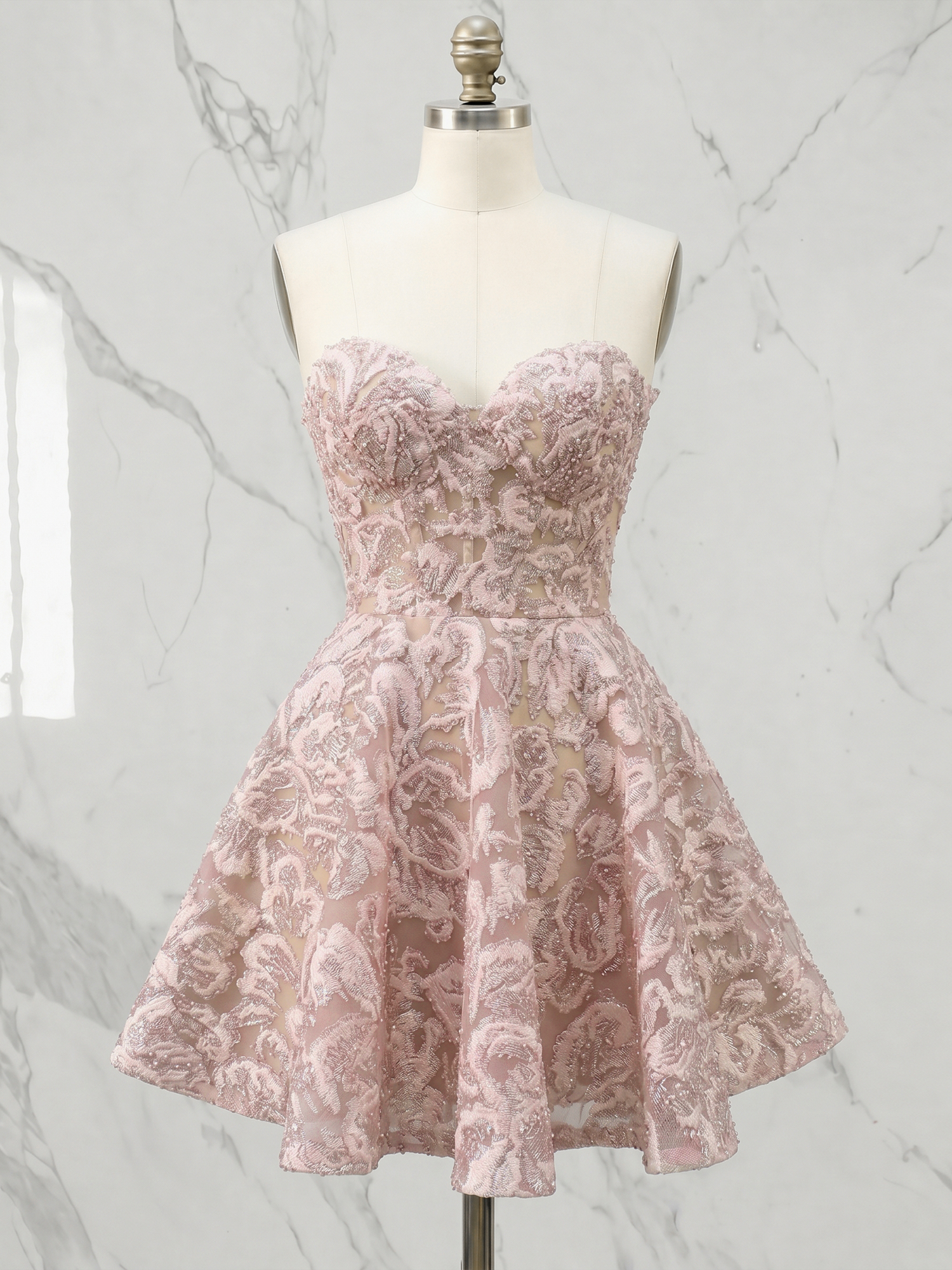 Enchanted Blush 3D Floral Corset Mini Dress with Off-the-Shoulder Sleeves Homecoming Dress