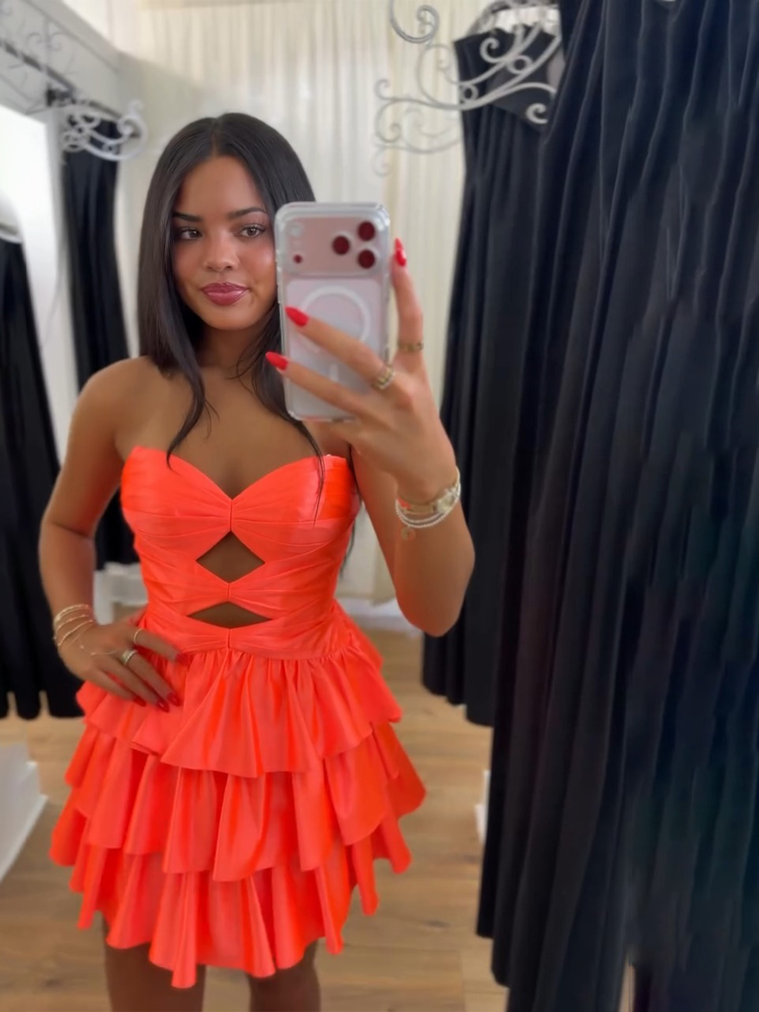 Neon Orange Strapless Cutout Tiered Ruffle Homecoming Dress