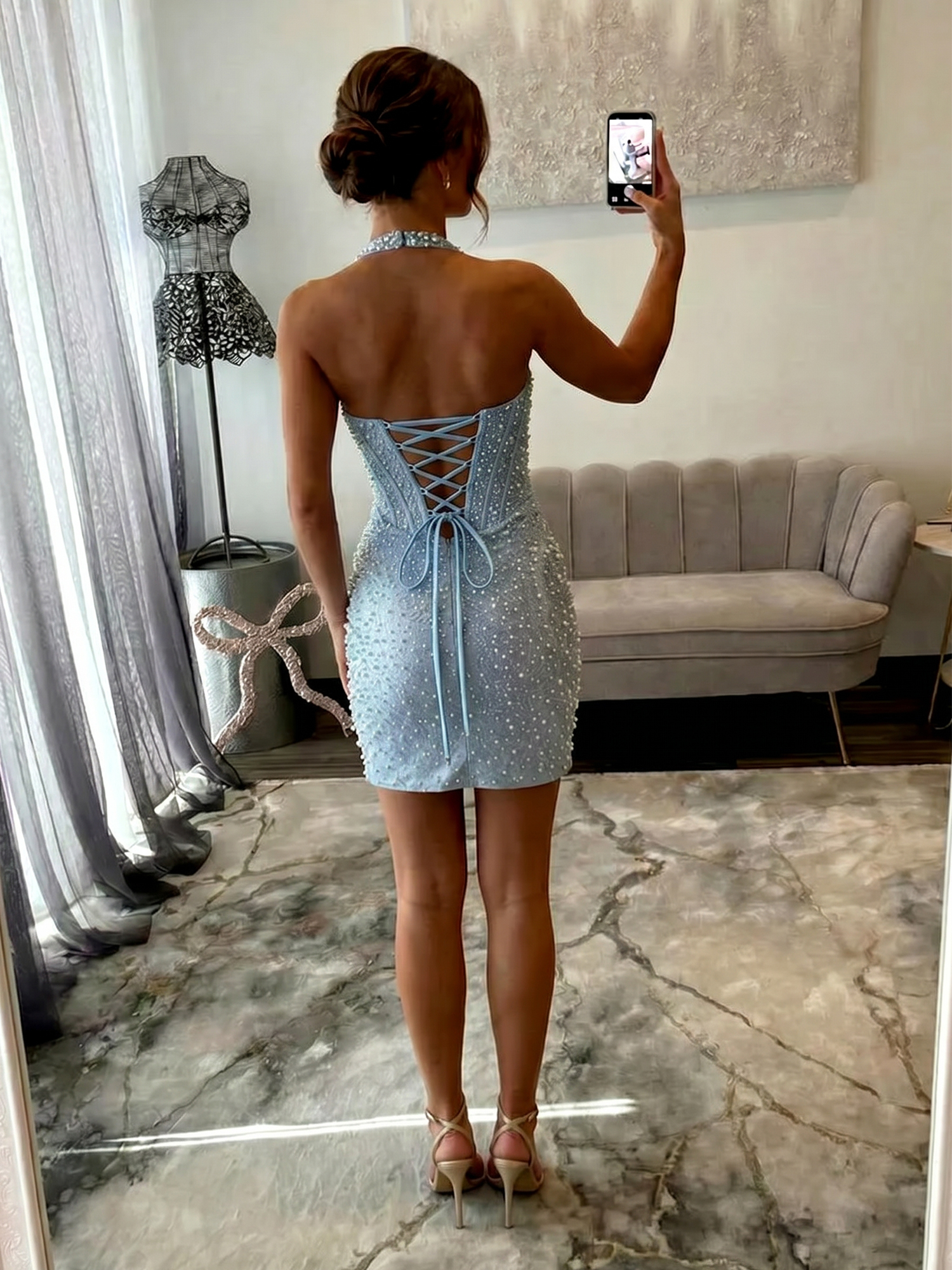 Sweetheart Halter Corset Beaded Bodycon Homecoming Mini Dress