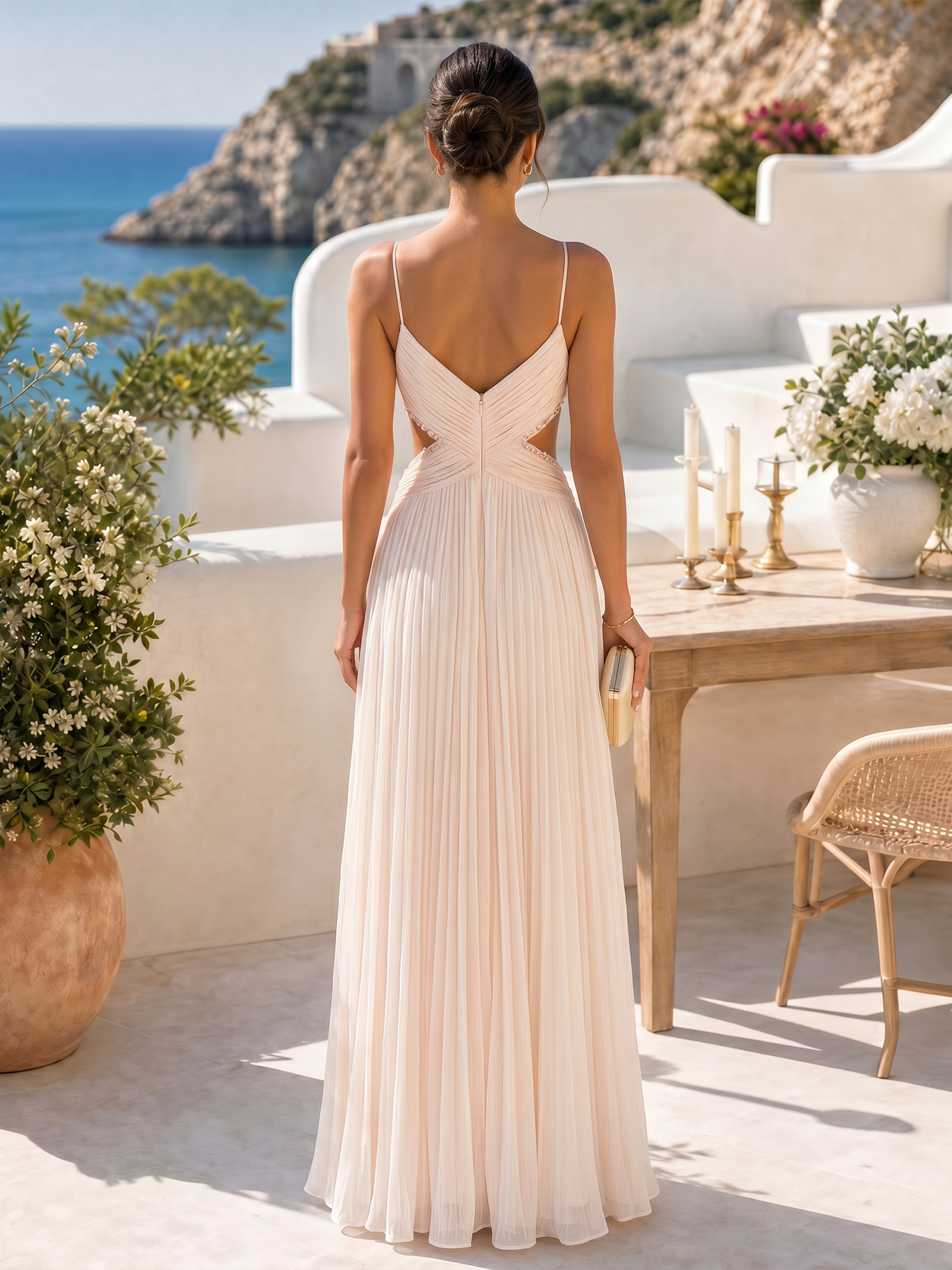 Radiant Blush Champagne Pleated Cutout Maxi Evening Gown