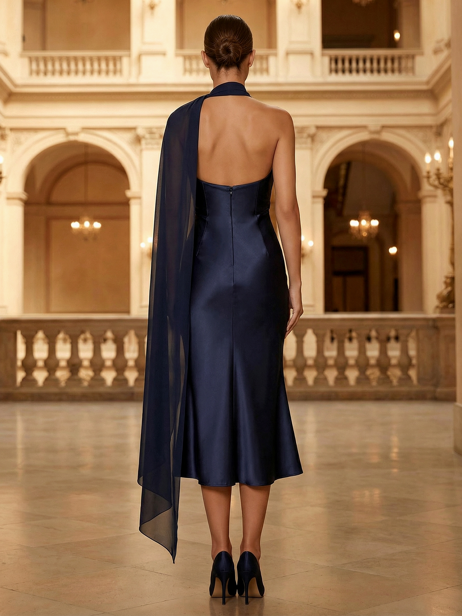 Navy Evening Formal Dress Mermaid Strapless Satin Midi Dress with Scarf