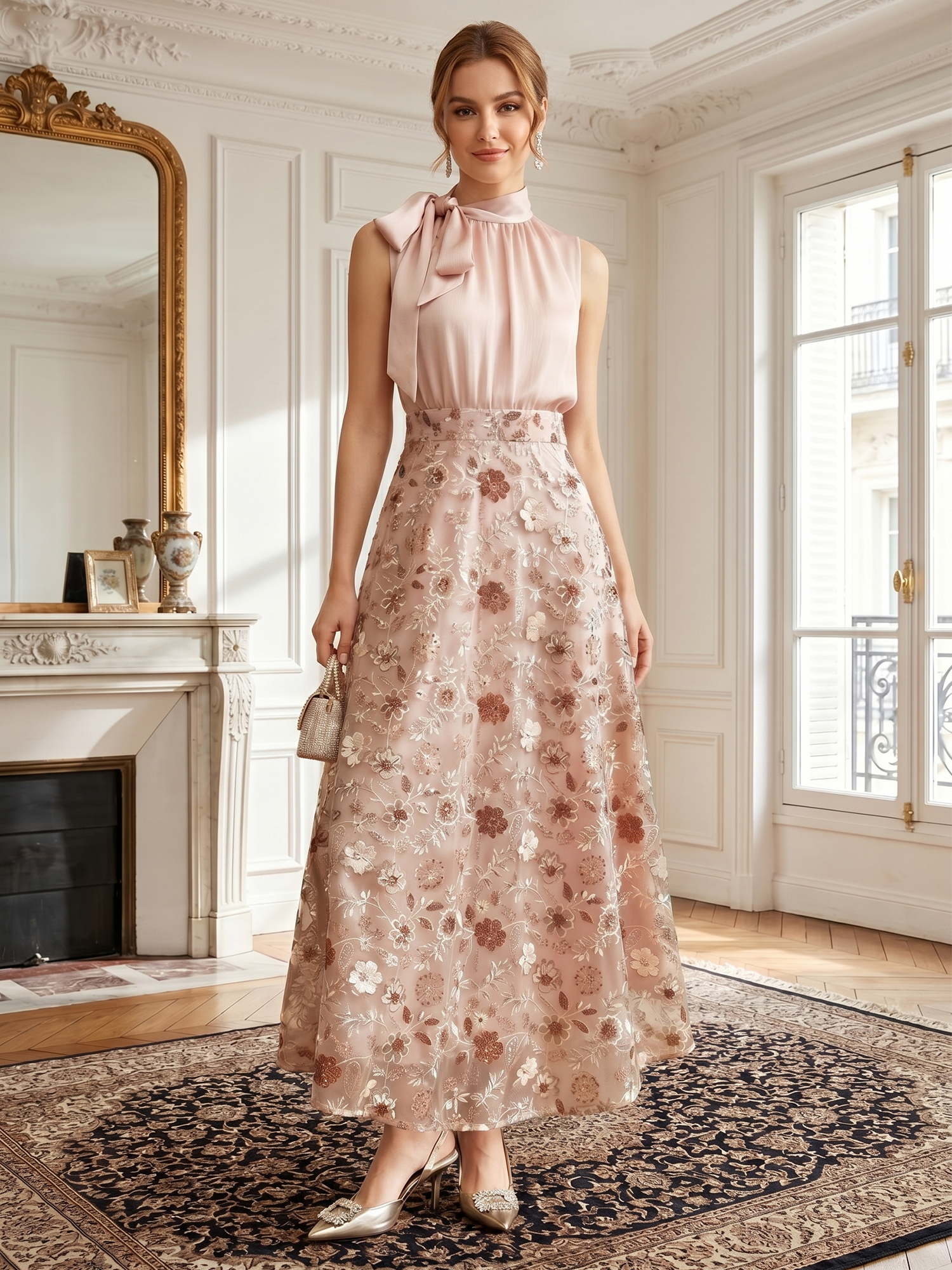 Refined Blush Embroidered Tie-Neck Evening Dress
