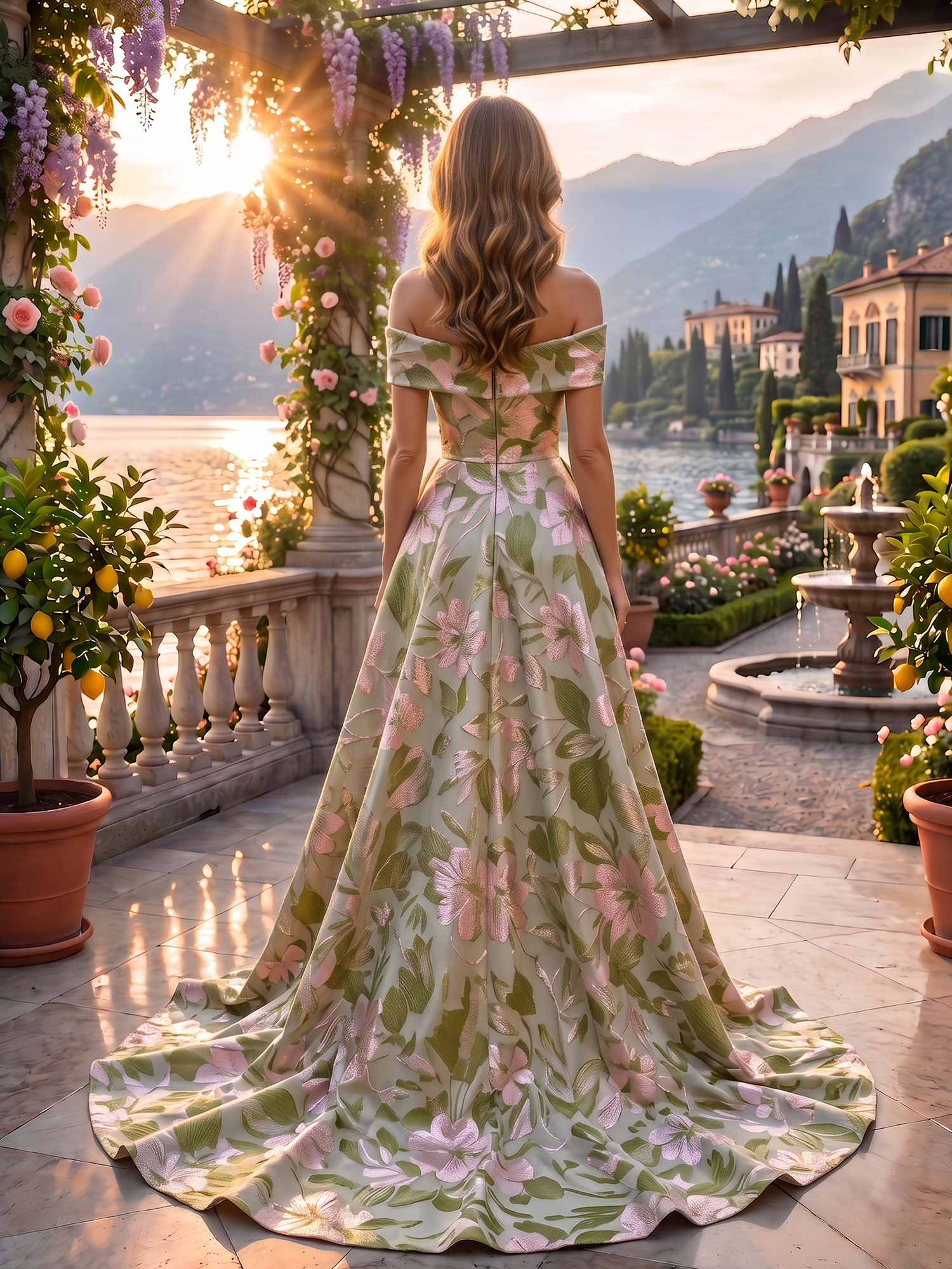 Sage Green Ethereal Floral Jacquard Off-the-Shoulder Mother of the Bride & Groom Dresses