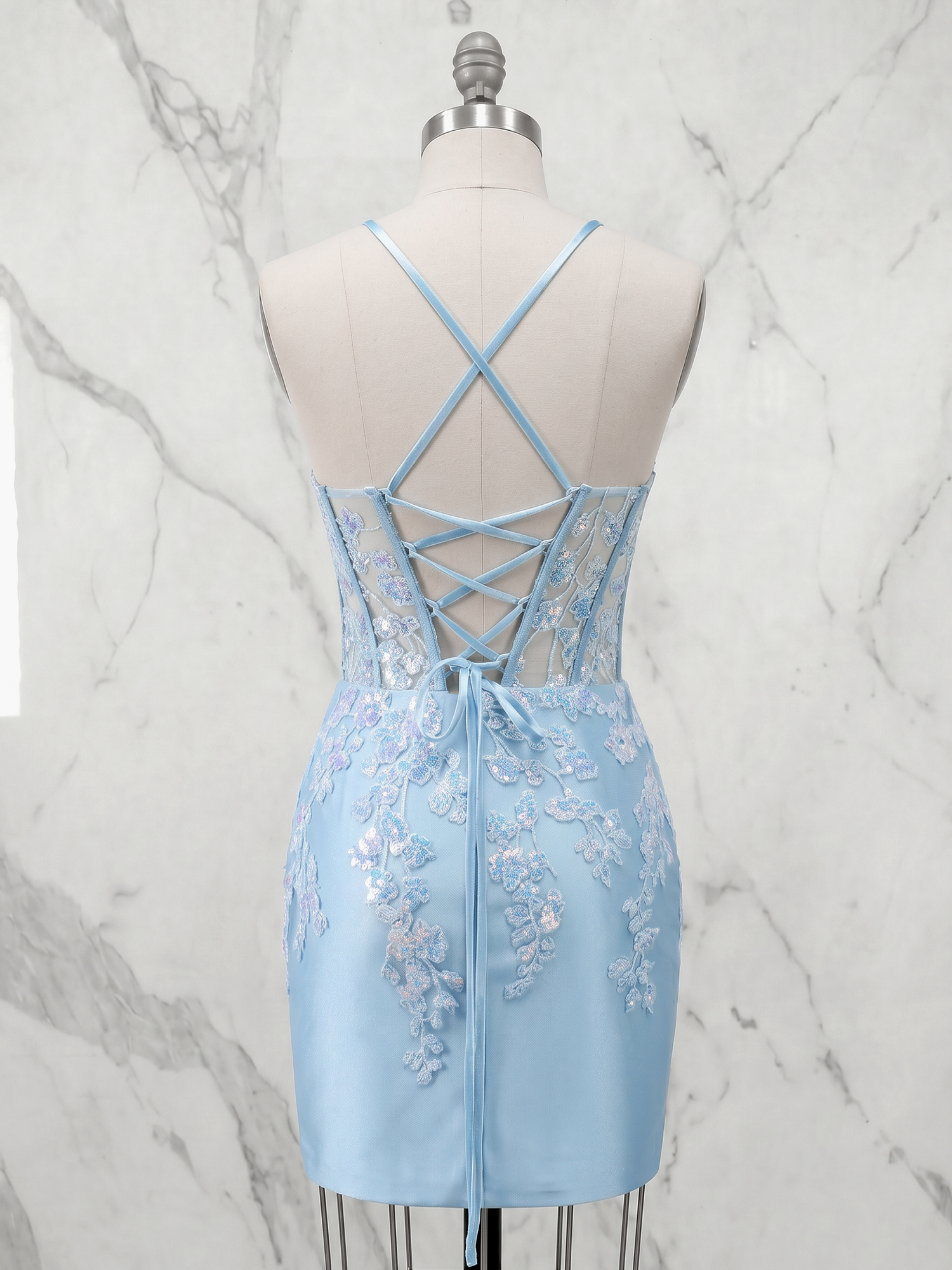  Baby Blue Sequined Lace Sheer Corset Homecoming Dress with Lace-Up Back