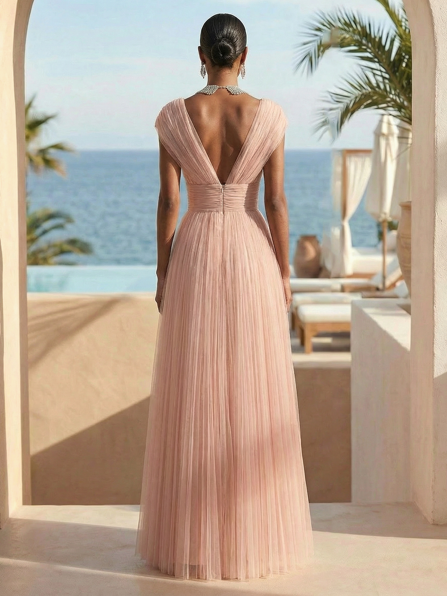 Vintage Rose Formal Dress A-Line V-Neck Pleated Tulle Maxi Dress