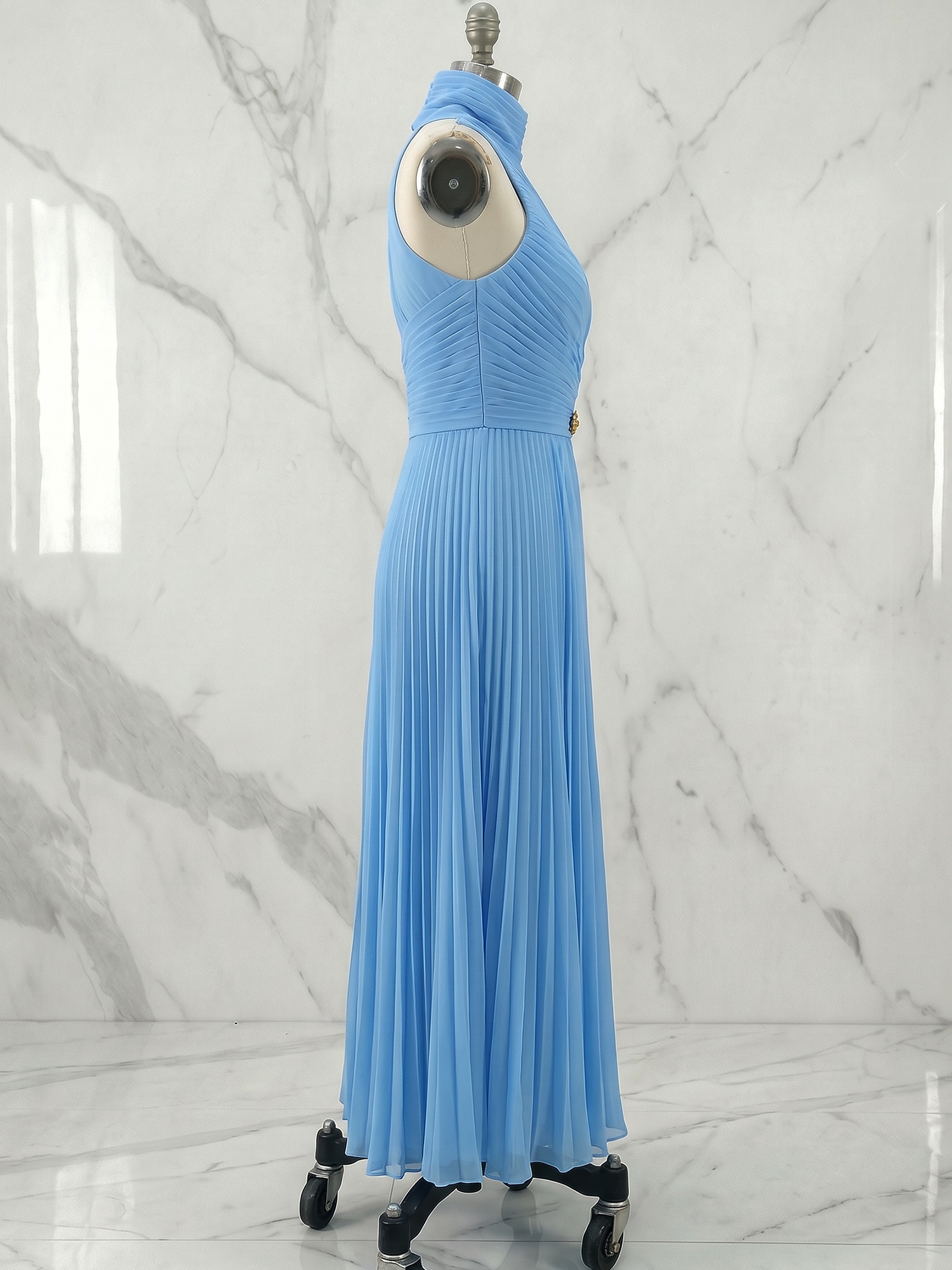Sky Blue Pleated Chiffon Halter Strapless Formal Evening Dress