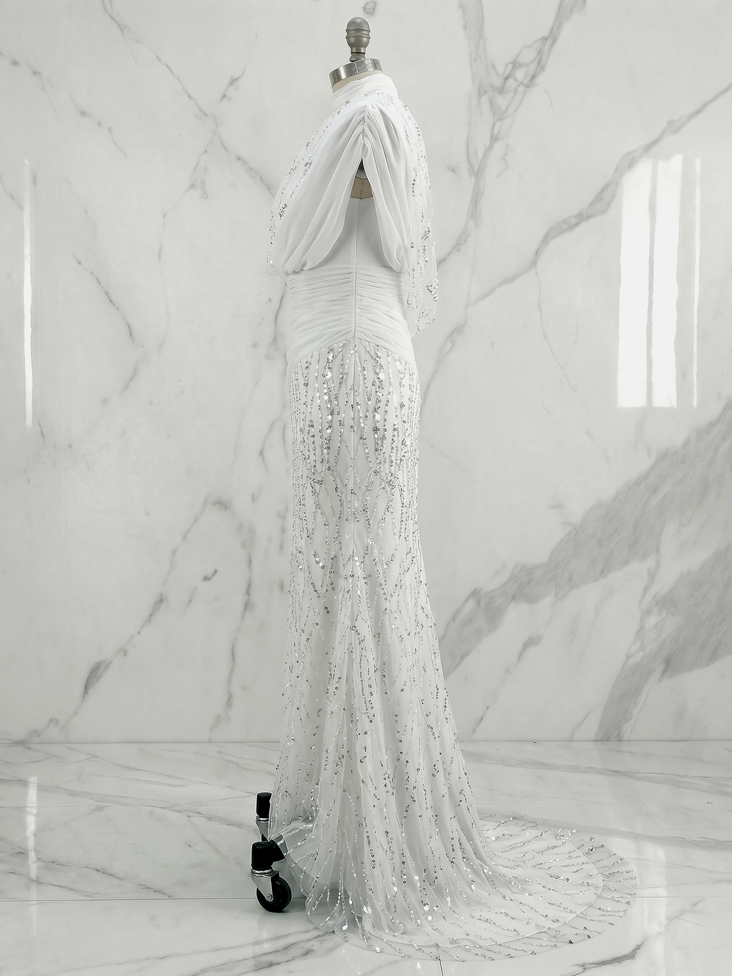 Ethereal White Beaded High-Neck Draped Sheath Formal Evening Dress