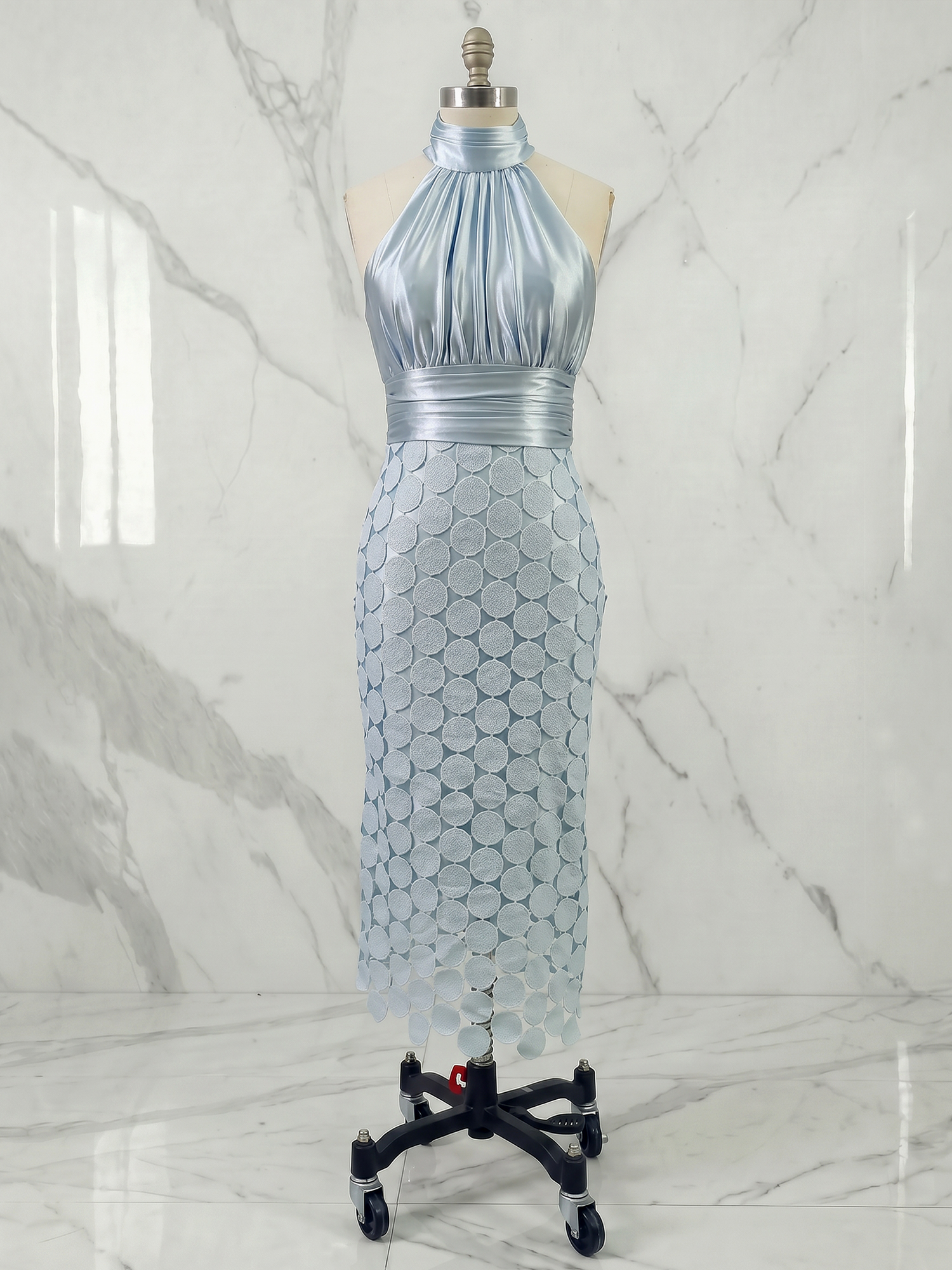 Ice Blue Satin Halter Circle Motif Midi Formal Evening Gown