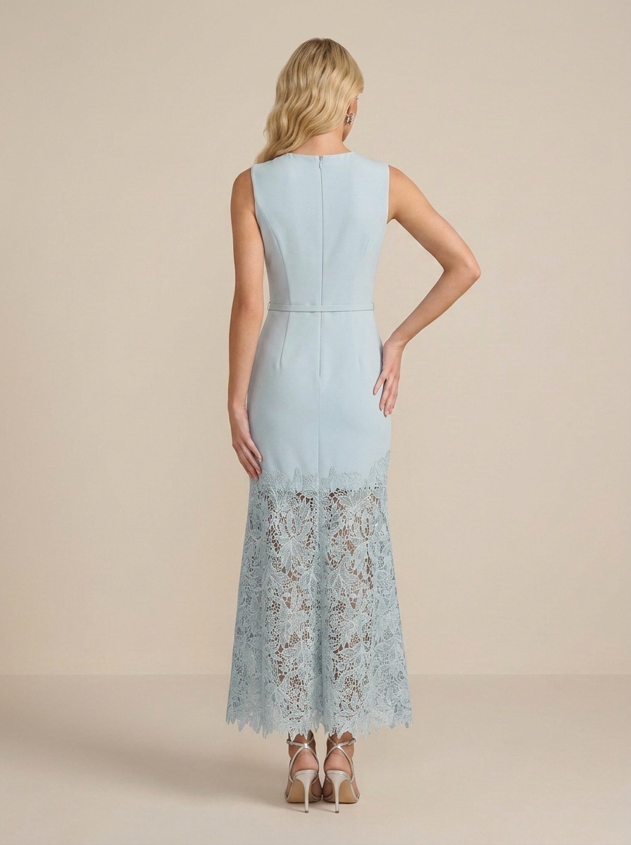 Refined Powder Blue Formal Evening Dress with Scalloped Lace Hem