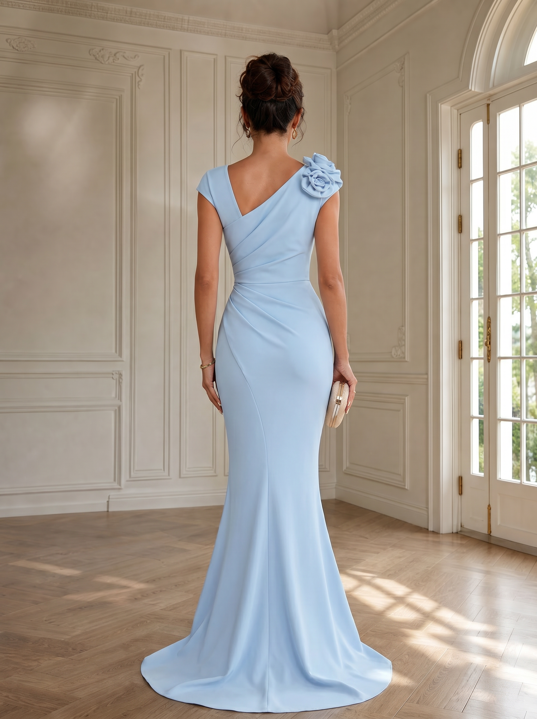Sophisticated Sky Blue Floral-Accented Column Mermaid Formal Evening Dress 