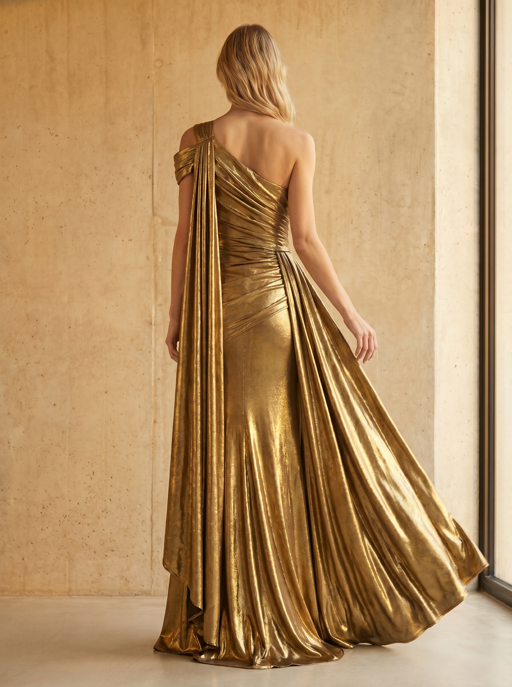 Gilded Goddess Metallic Gold Draped One-Shoulder Sheath Formal Evening Dress
