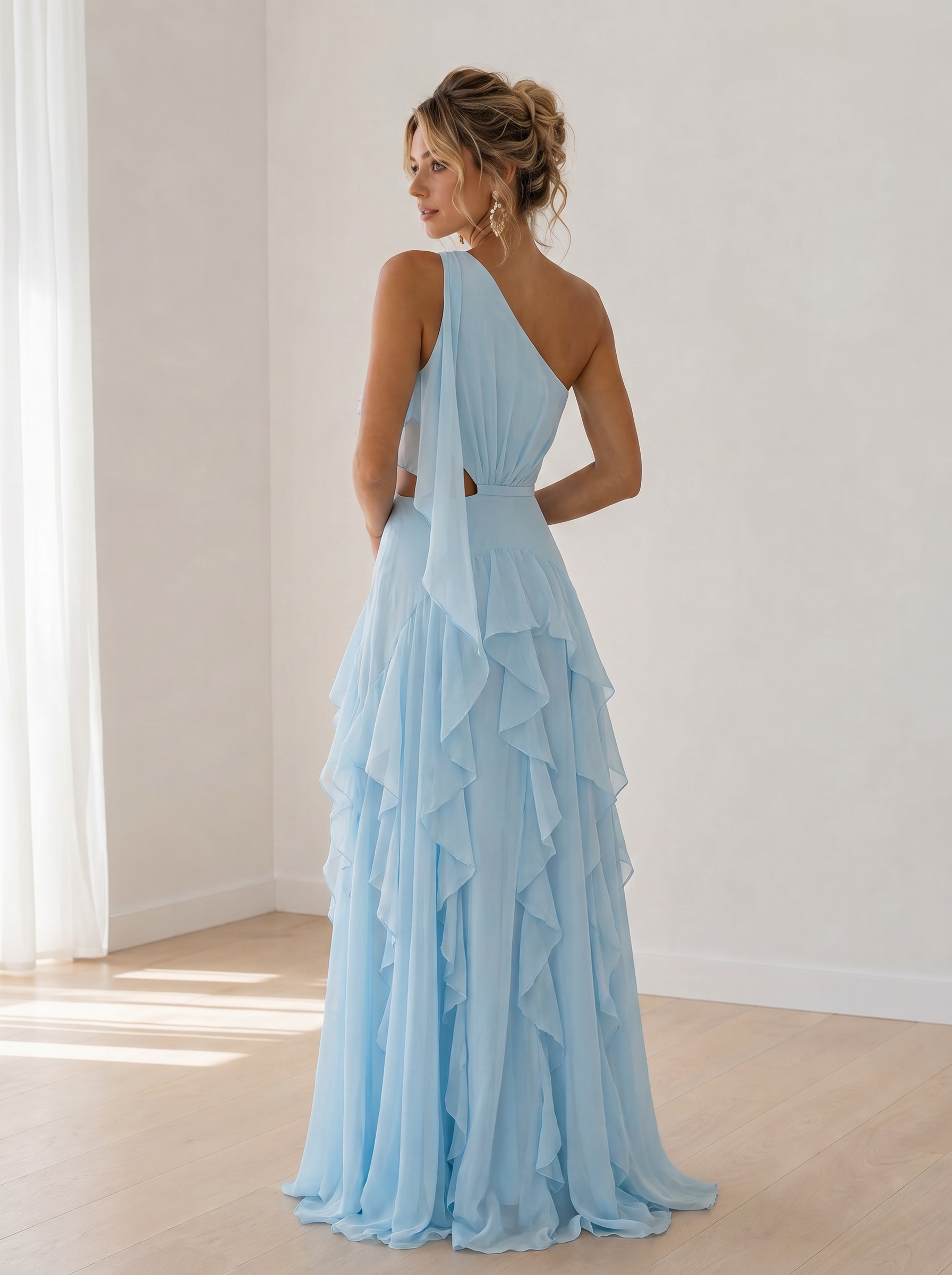 Ethereal Sky Blue Ruffled One-Shoulder A-Line Formal Evening Dress With Slit