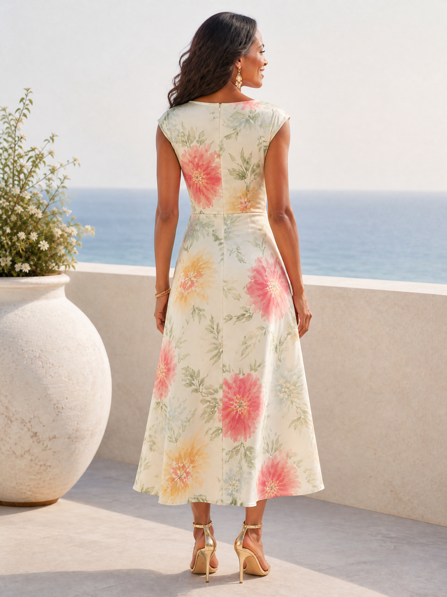 Luminous Ivory Floral Satin A-Line Midi Formal Evening Dress 