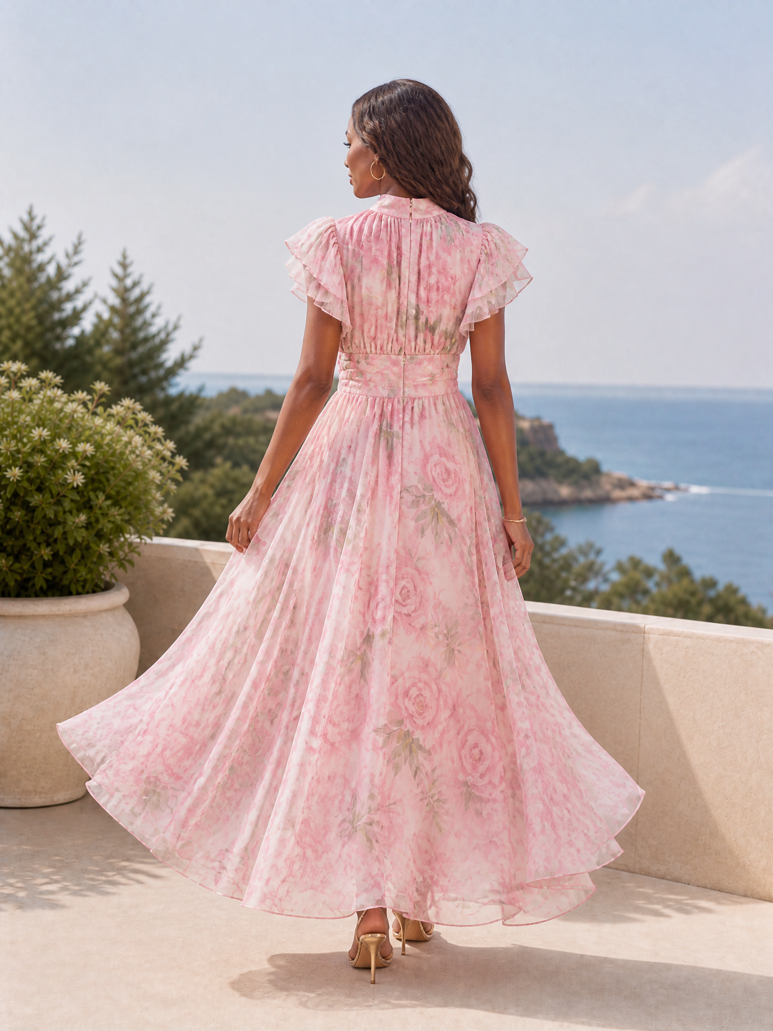 Luminous Pink Floral Mock-Neck A-Line Maxi Formal Evening Dress 