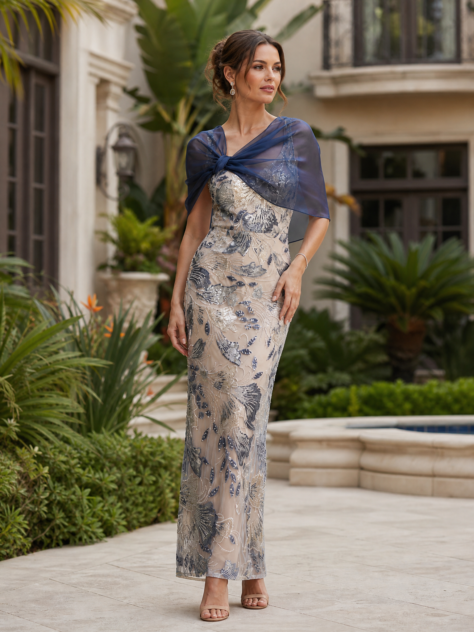 Luminous Navy Embroidered Sequin Column Floor-Length Gown Dress