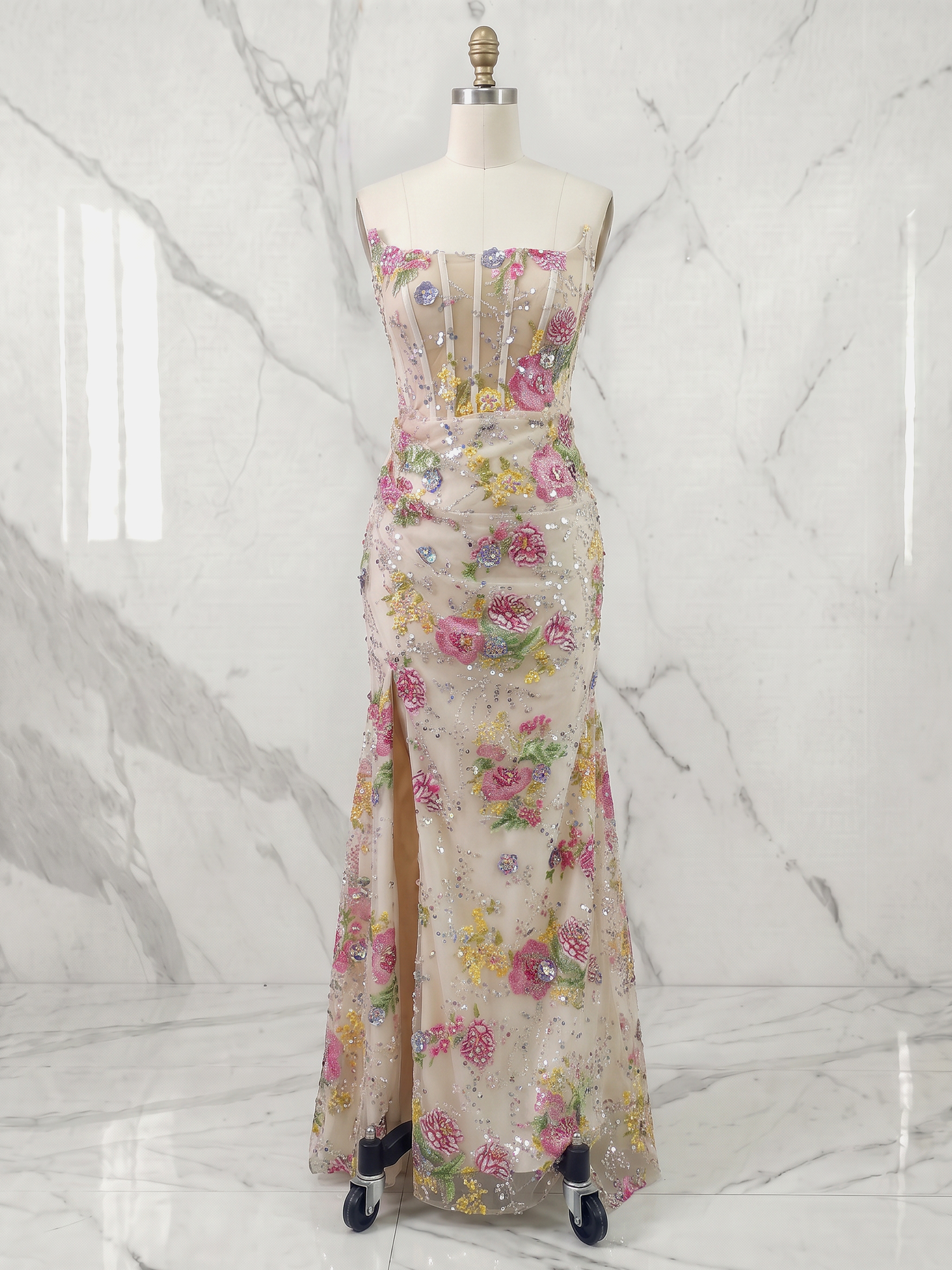 Champagne Floral Embroidered Sequin Corset Slit Maxi Prom Dress