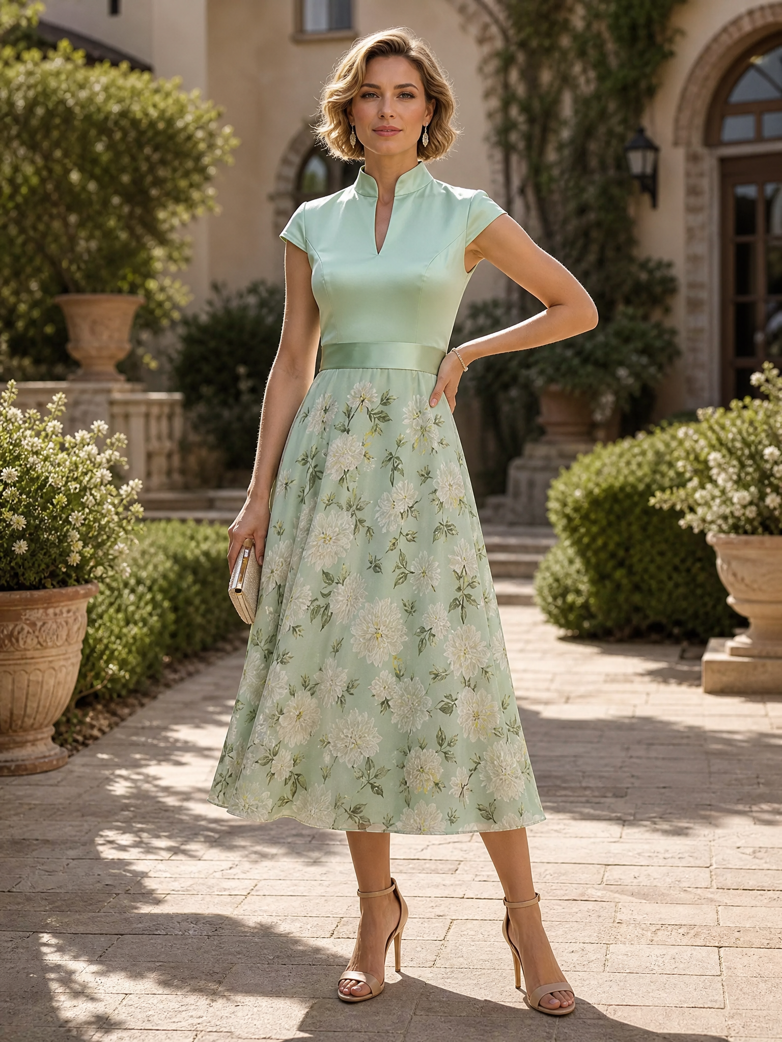 Mint Green Floral Mandarin-Collar A-Line Midi Evening Gown Dress 