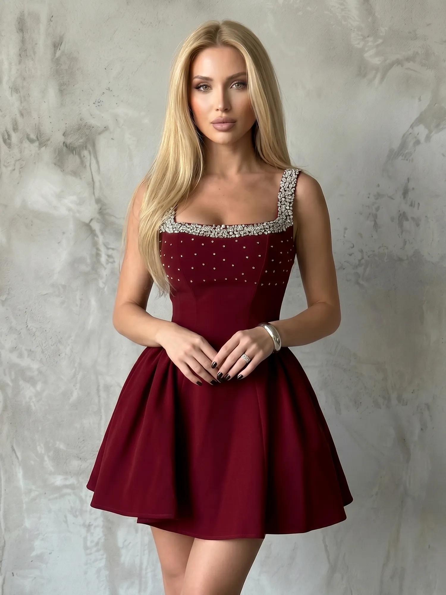 Burgundy Square Neck Crystal-Embellished Velvet A-Line Homecoming Dress