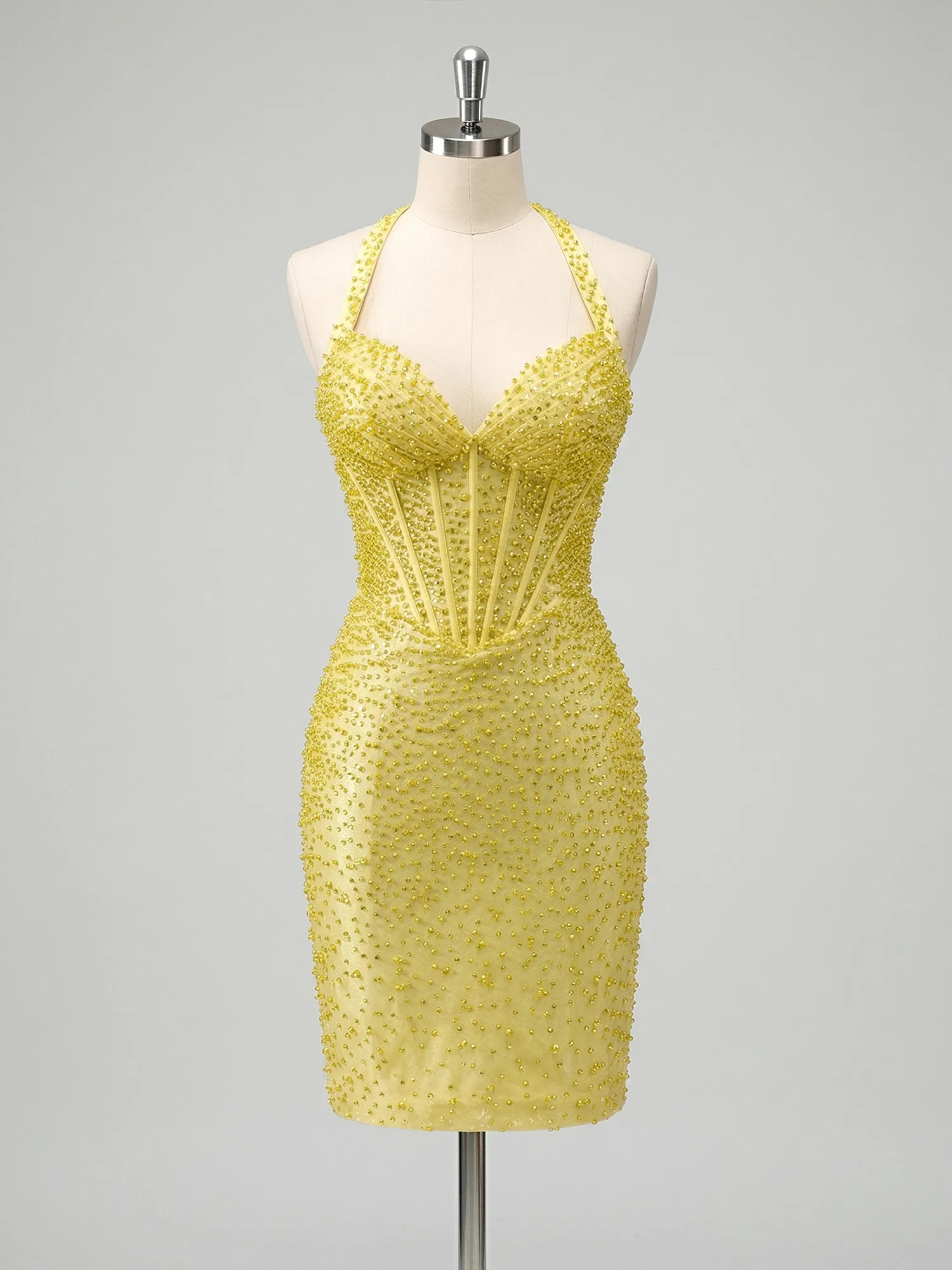 Sweetheart Halter Corset Beaded Bodycon Homecoming Mini Dress