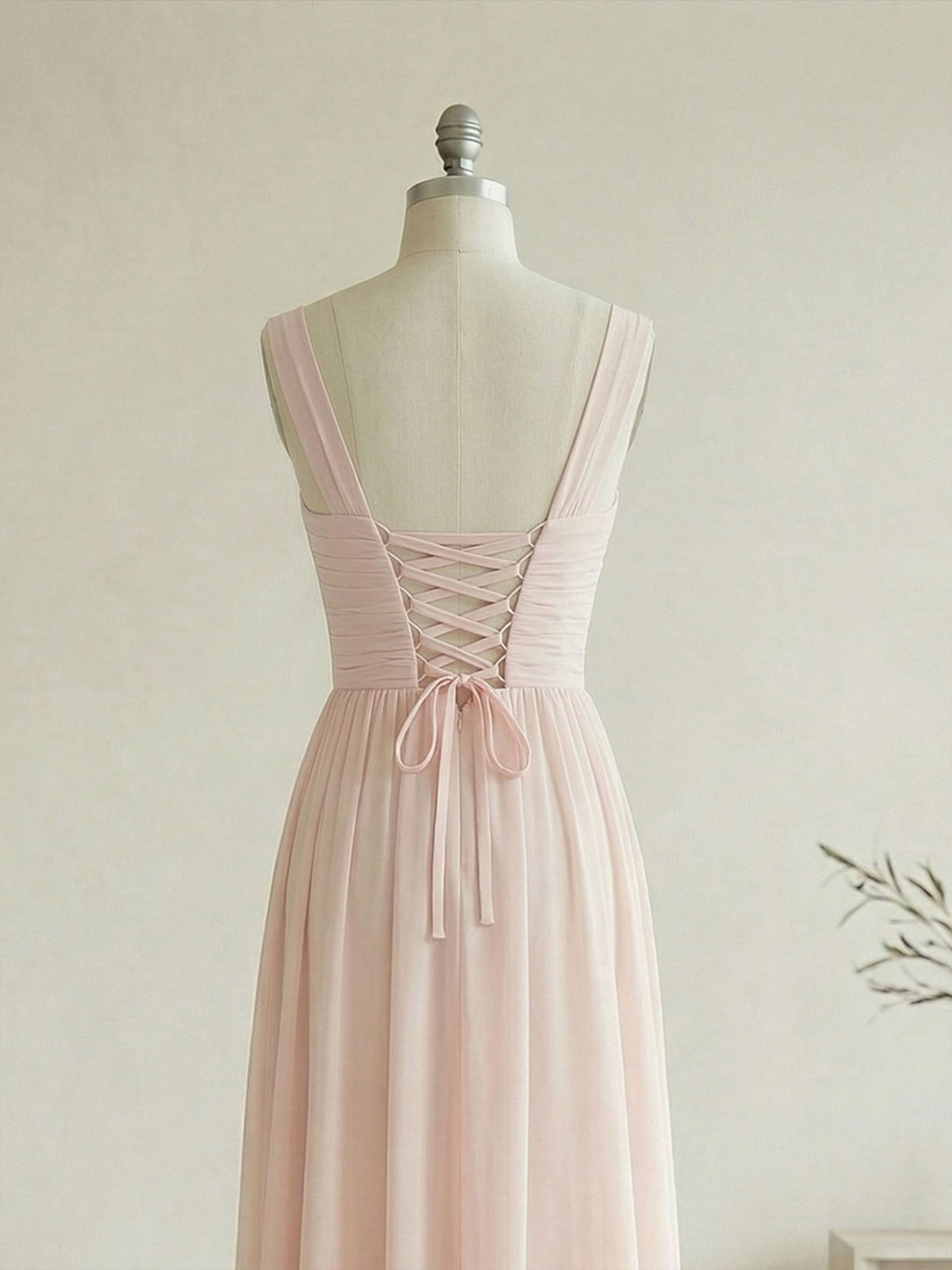 Elegant Soft Blush Twist-Front Chiffon Maxi Gown