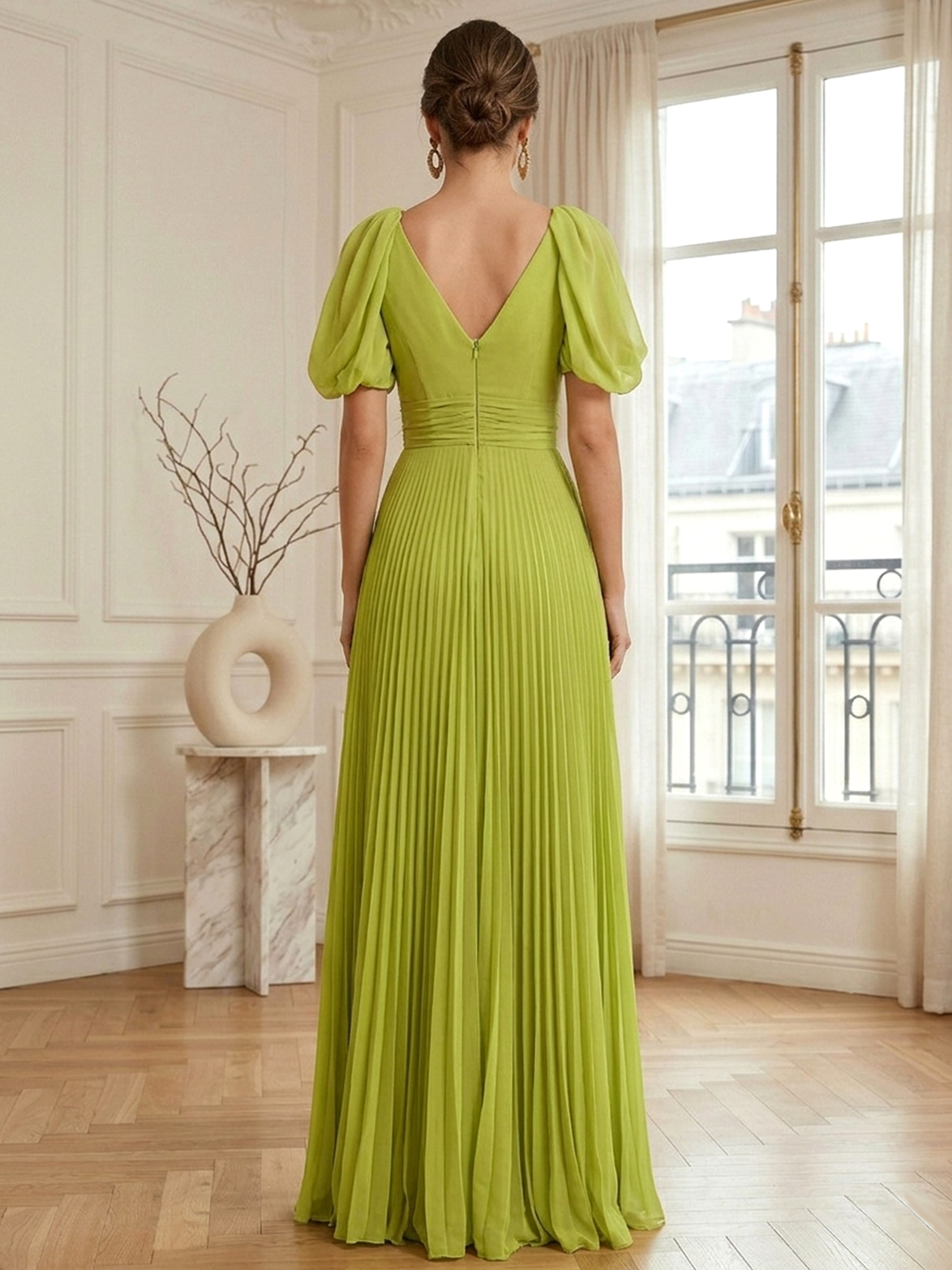 A-Line Chiffon Evening Gown with Feather V-Neck Short Sleeves Formal Dress