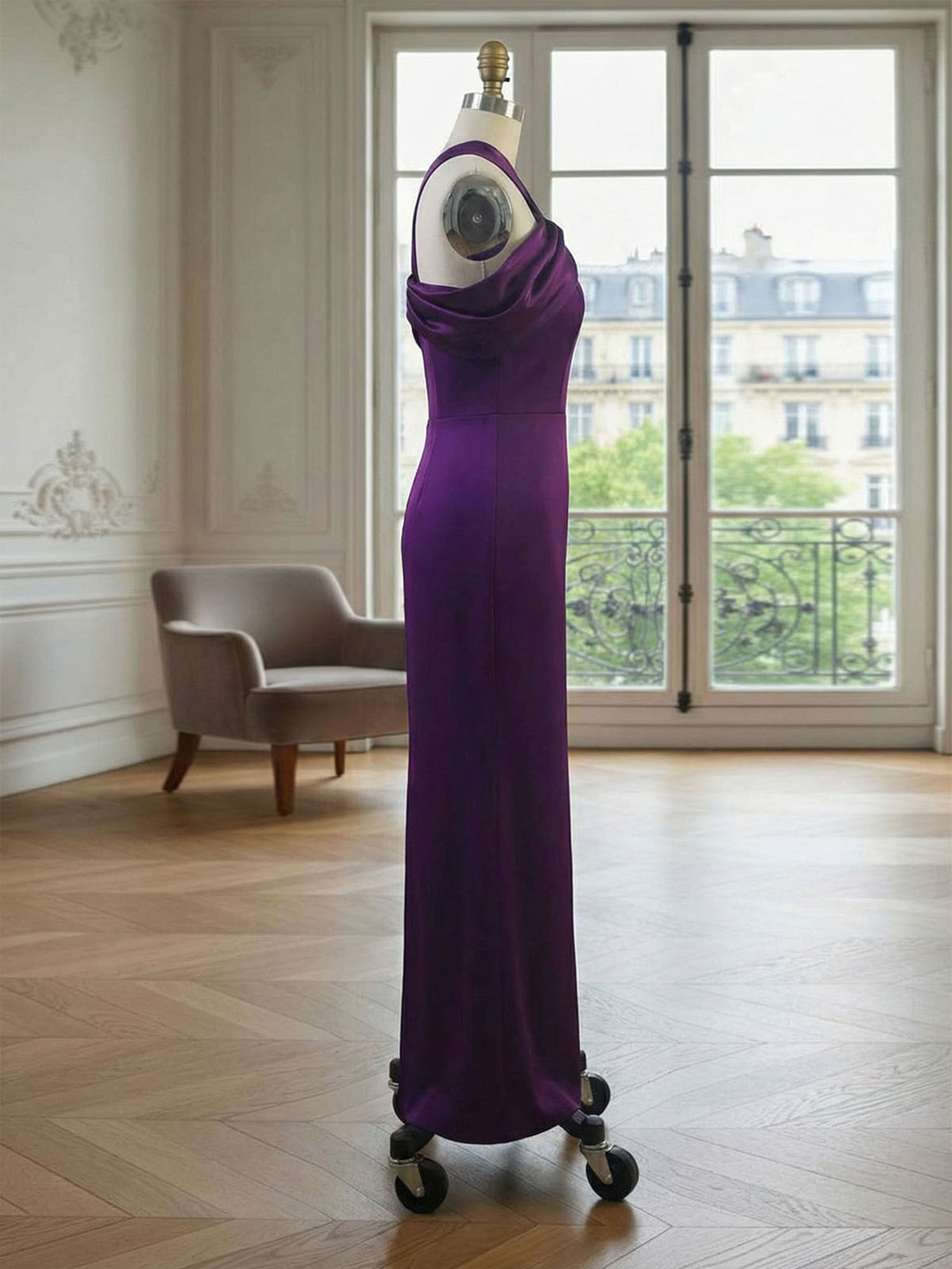  Regal Plum Crepe Column Gown with Satin Criss-Cross Halter Maxi Dress