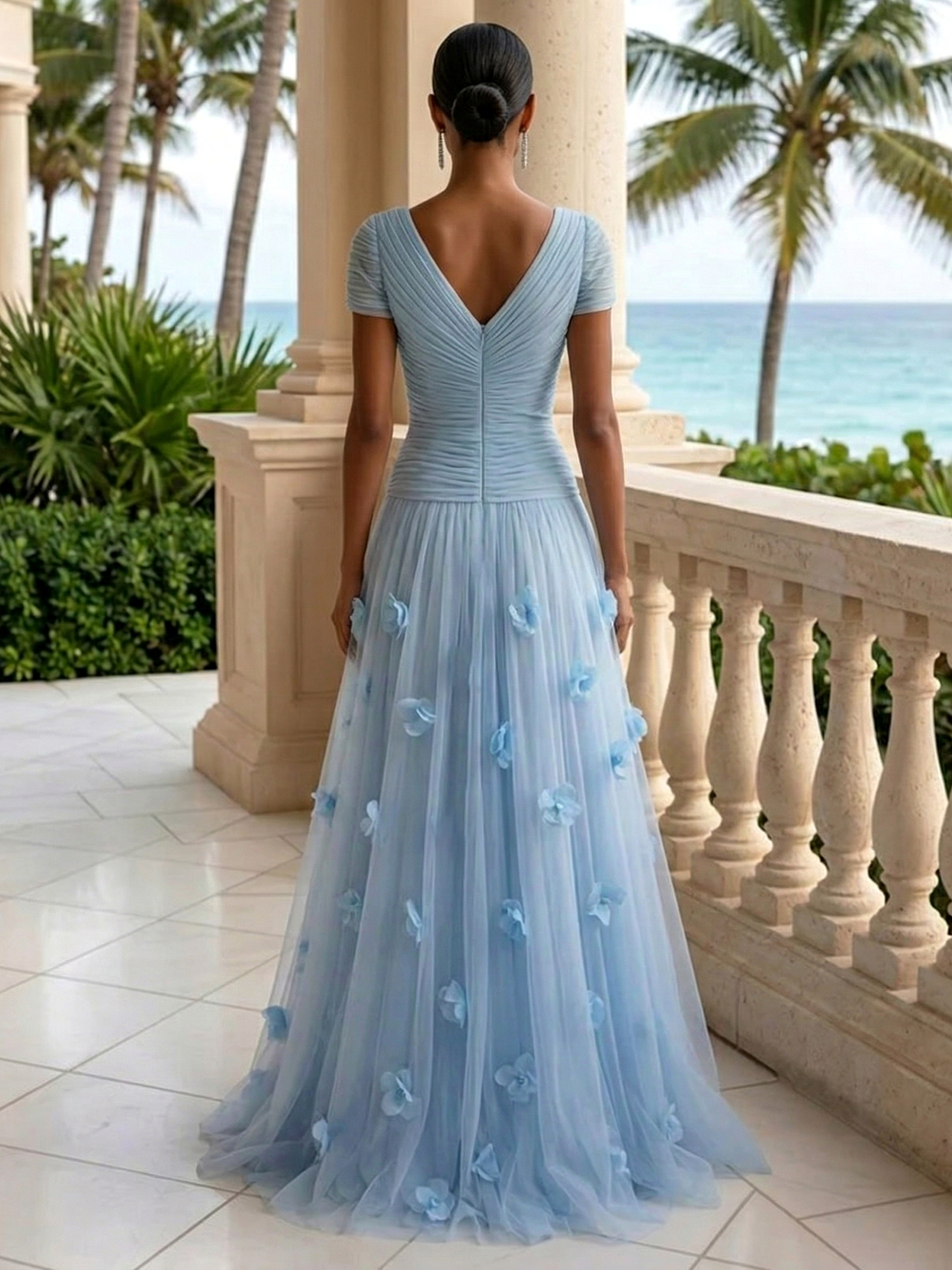 Elegant V-Neck Ruched Tulle A-Line Evening Gown with 3D Floral Appliqués