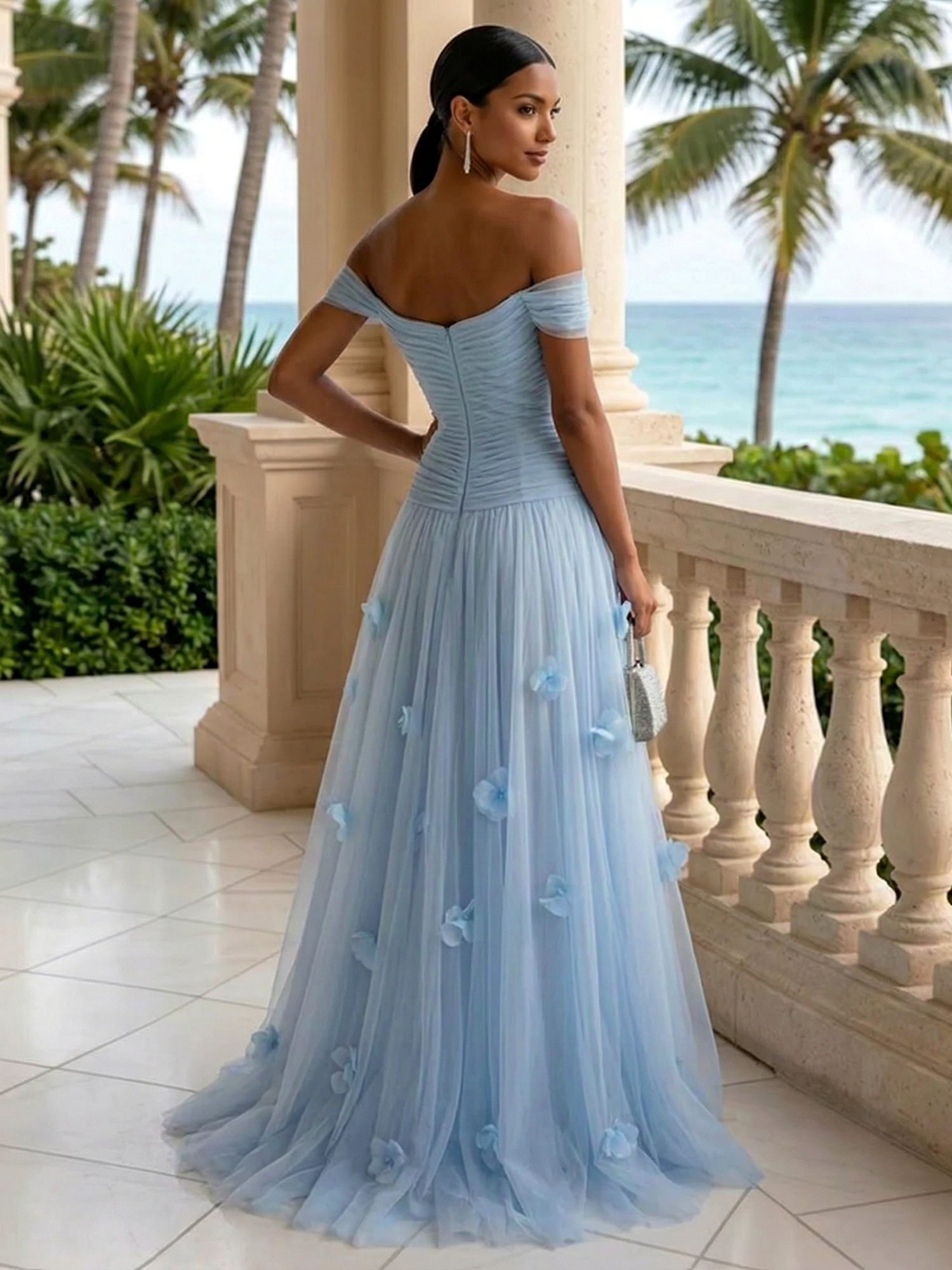 Elegant Off-the-Shoulder Ruched Tulle A-Line Evening Gown with 3D Floral Appliqués
