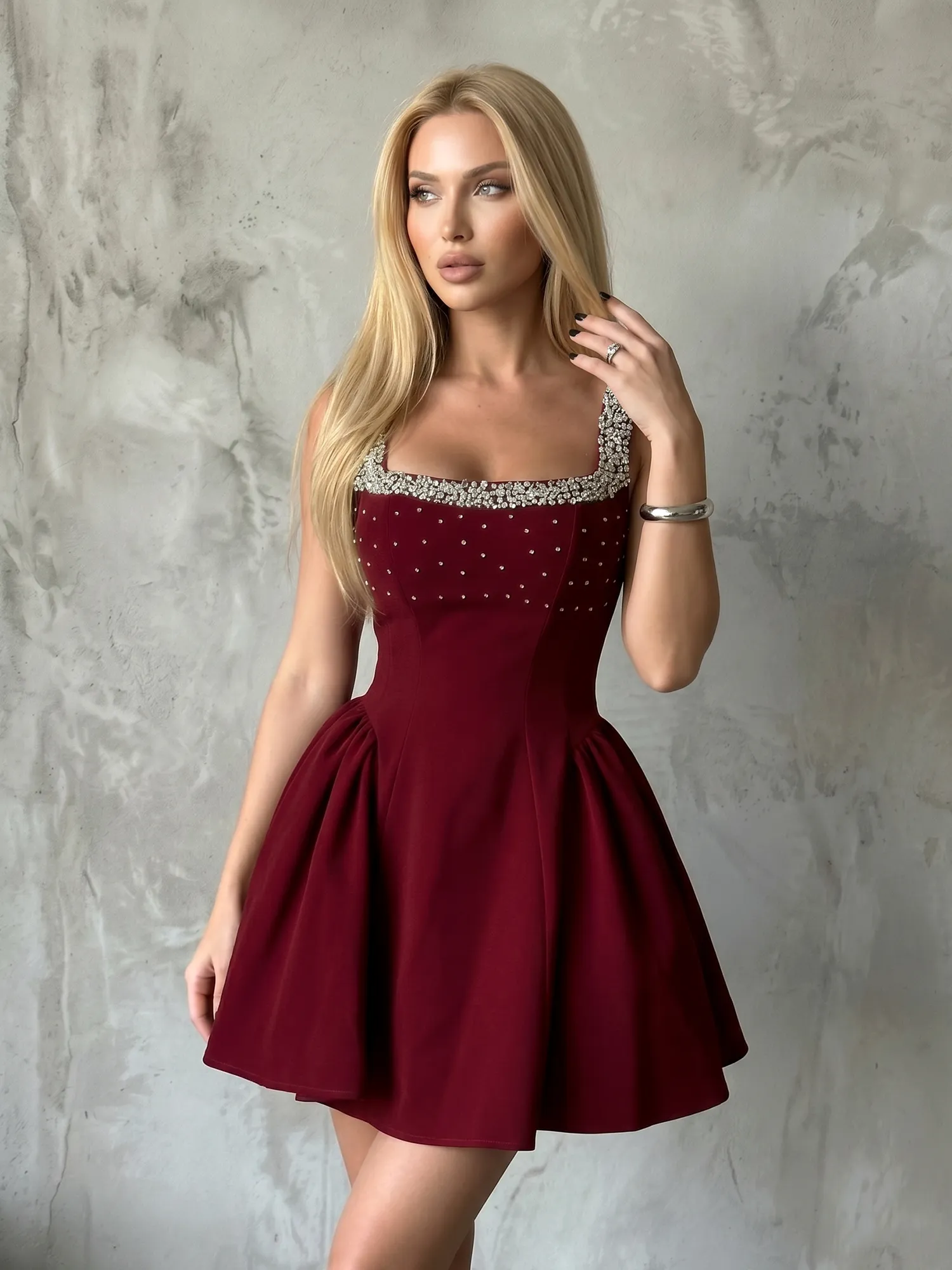 Burgundy Square Neck Crystal-Embellished Velvet A-Line Homecoming Dress