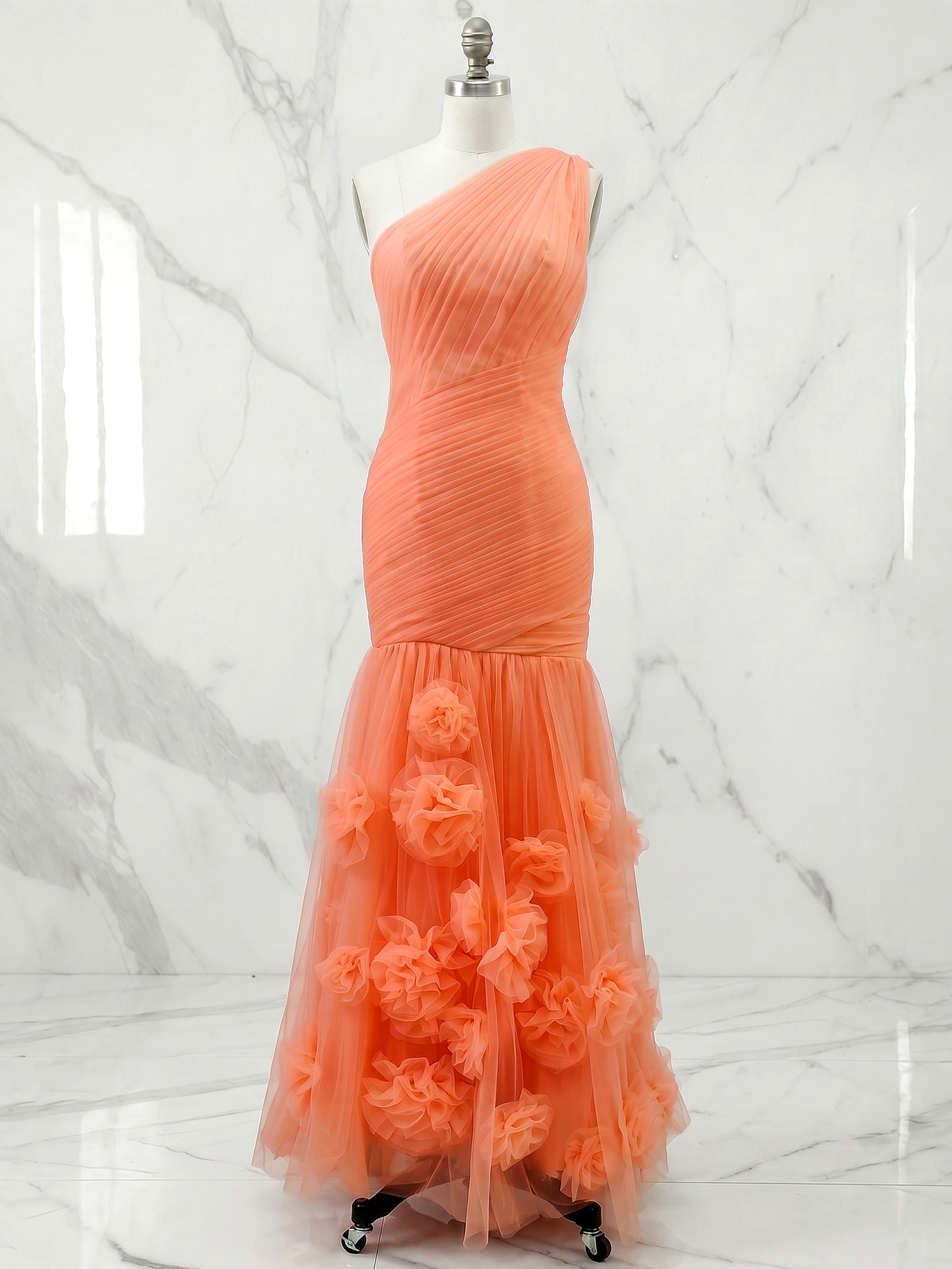Coral Sweetheart Tulle Pleat One Shoulder Mermaid Evening Dresses Gown with 3D Flower