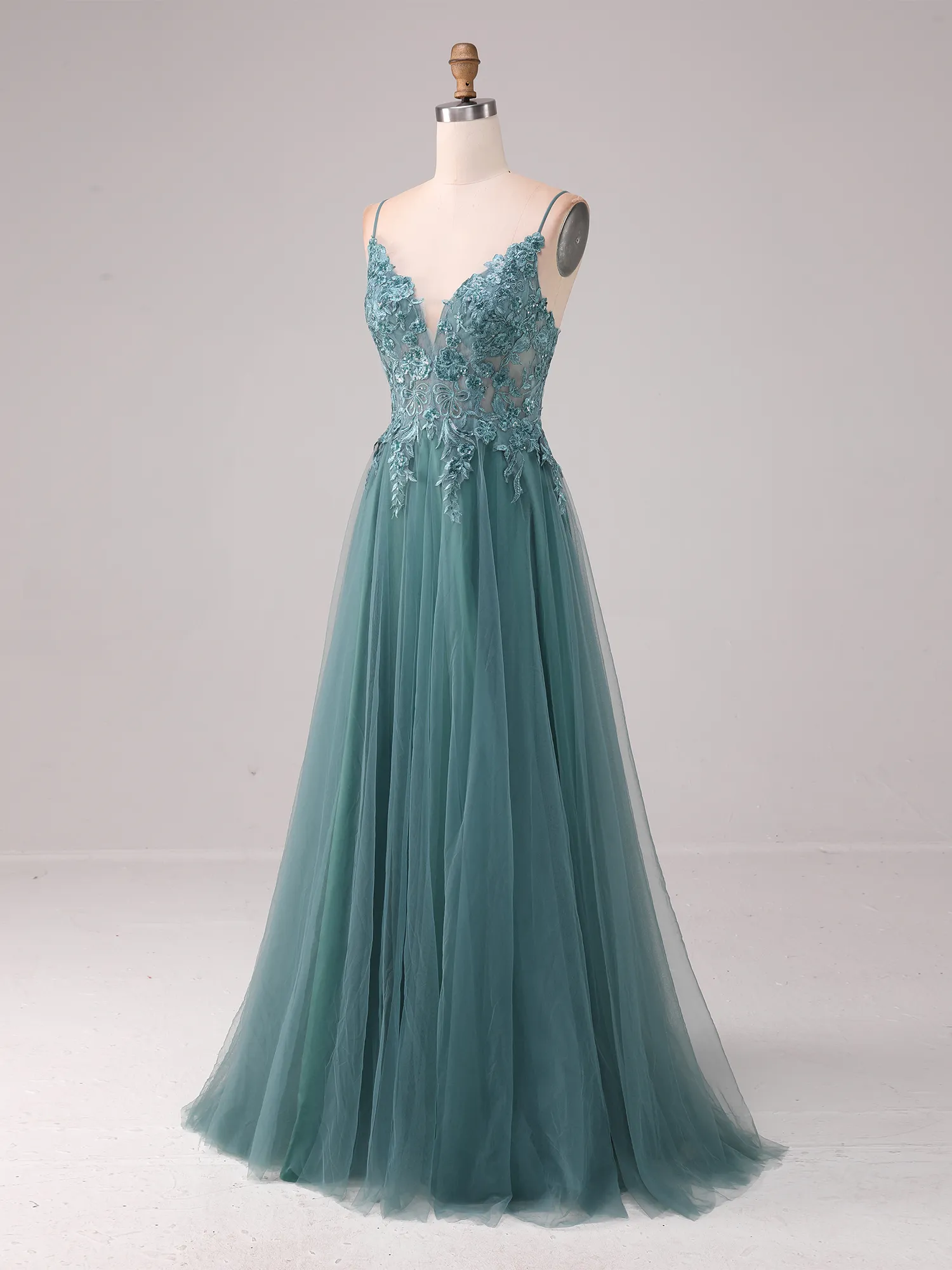 Dusty Teal Lace Appliqué Spaghetti Strap Tulle A-Line Prom Gown
