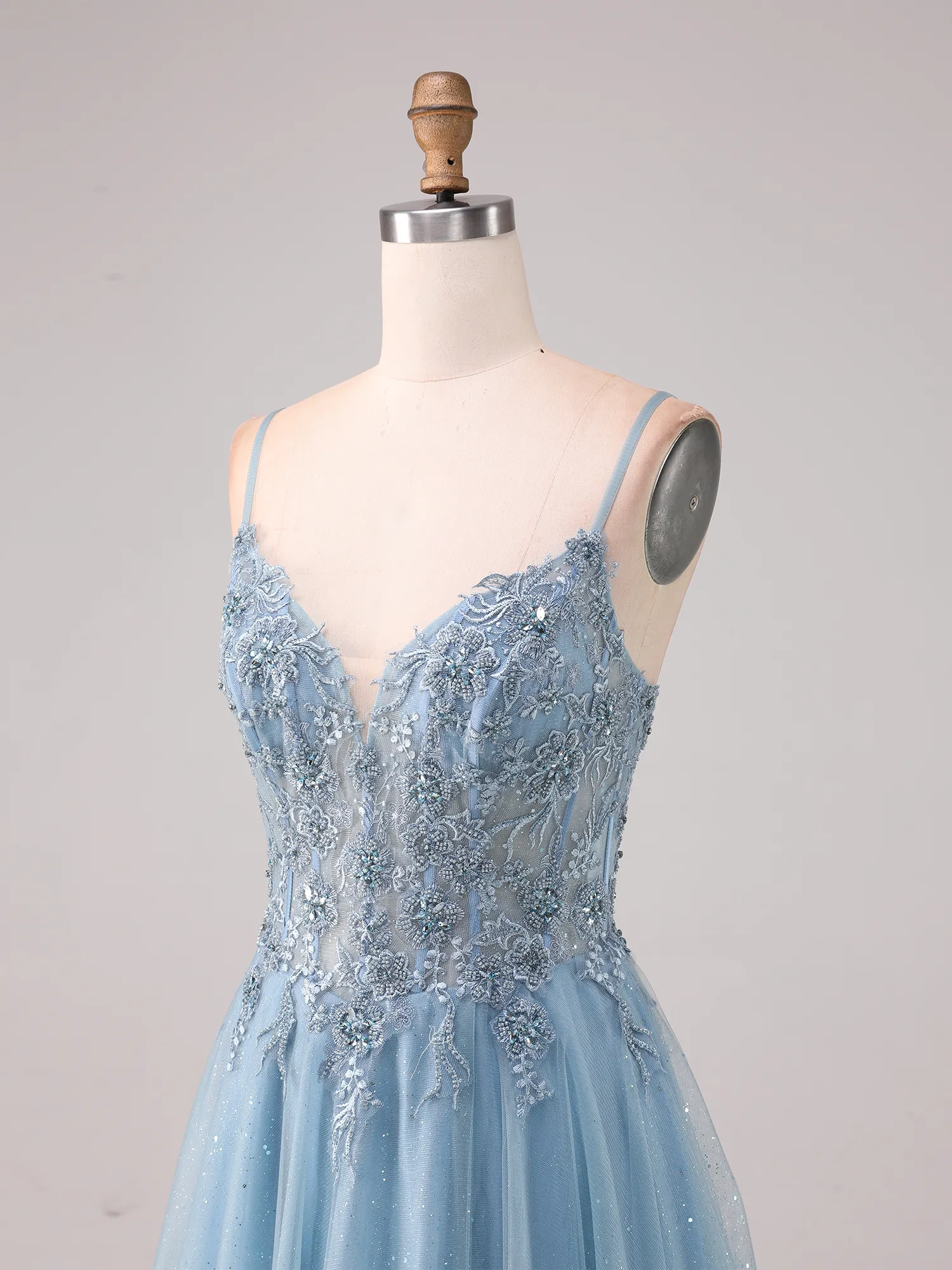 Sky Blue Spaghetti Strap Lace Appqué Glitter Tulle A-Line Prom Dress with Slit