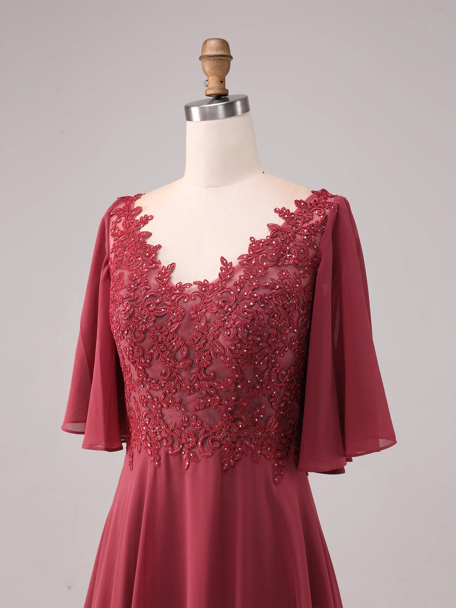 Burgundy Illusion Lace Flutter Sleeve Chiffon A-Line Mother of the Bride Dress