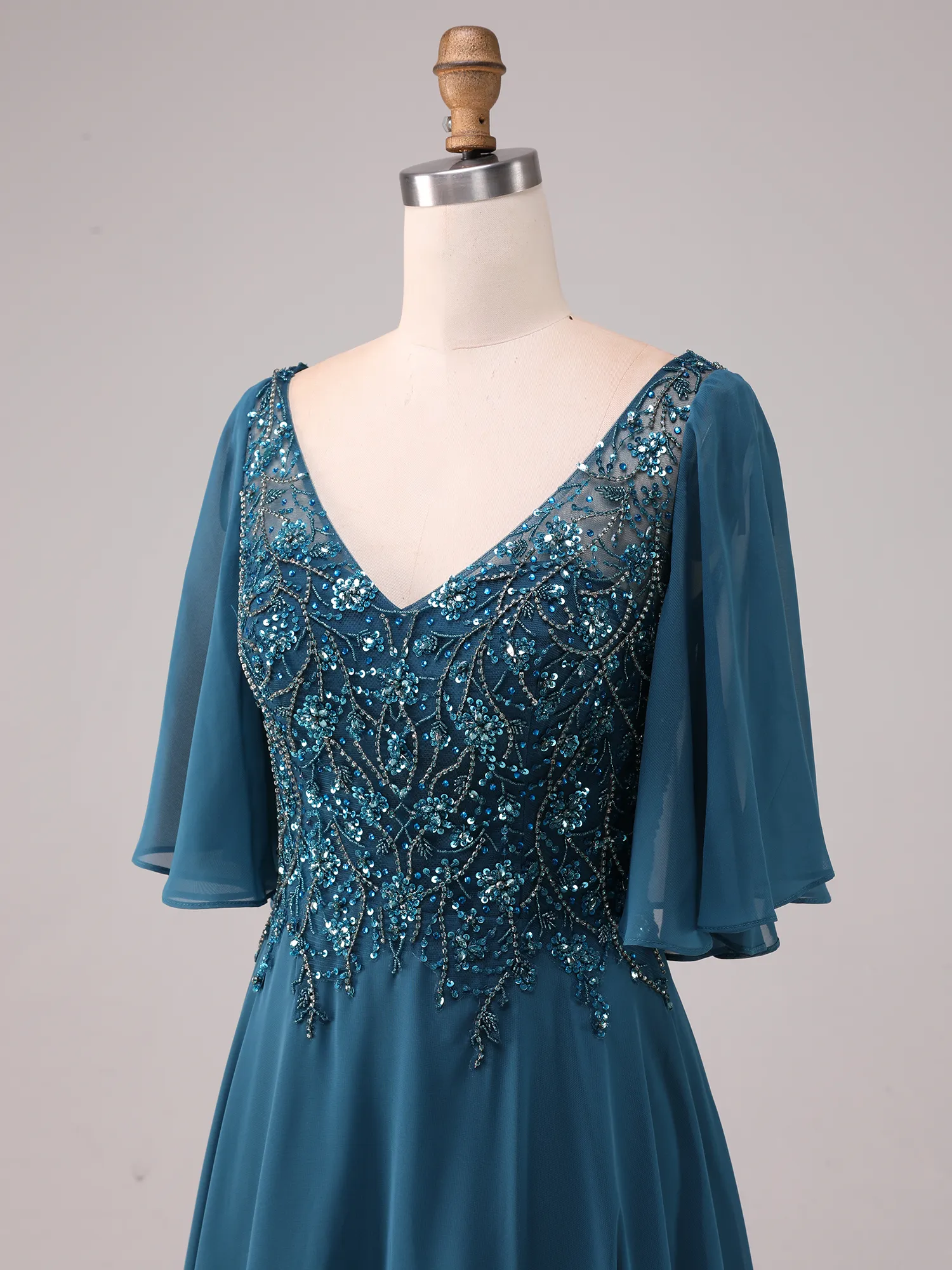 Peacock Blue Lace Appliqué Flutter Sleeve Chiffon A-Line Mother of the Bride Dress