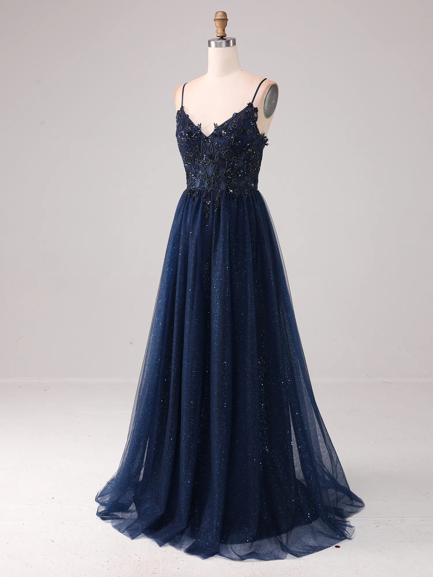 Navy Blue Spaghetti Strap Lace & Bead Glitter Tulle A-Line Prom Dress