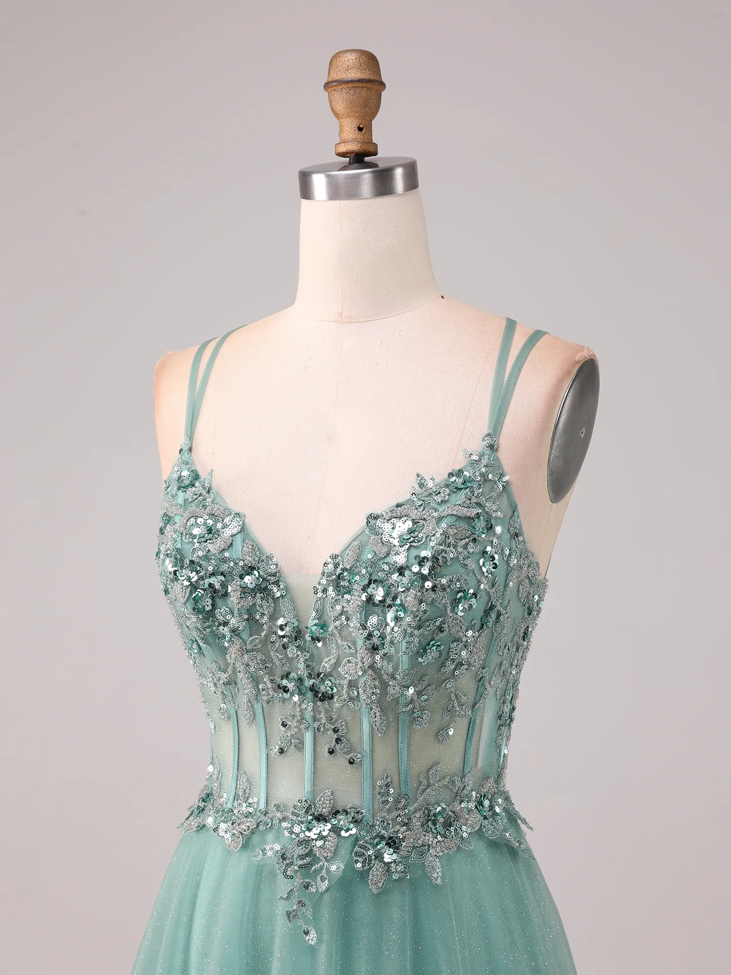 Dusty Sage Green Sequin Lace Corset Glitter Tulle A-Line Prom Dress with Crisscross Back
