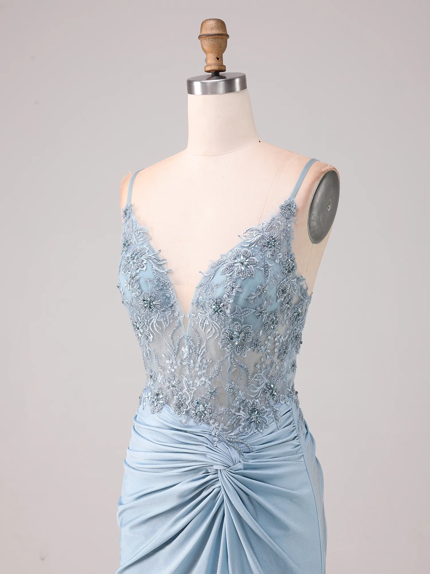 Sky Blue Lace Appqué Illusion Bodice Ruched Satin Mermaid Prom Dress