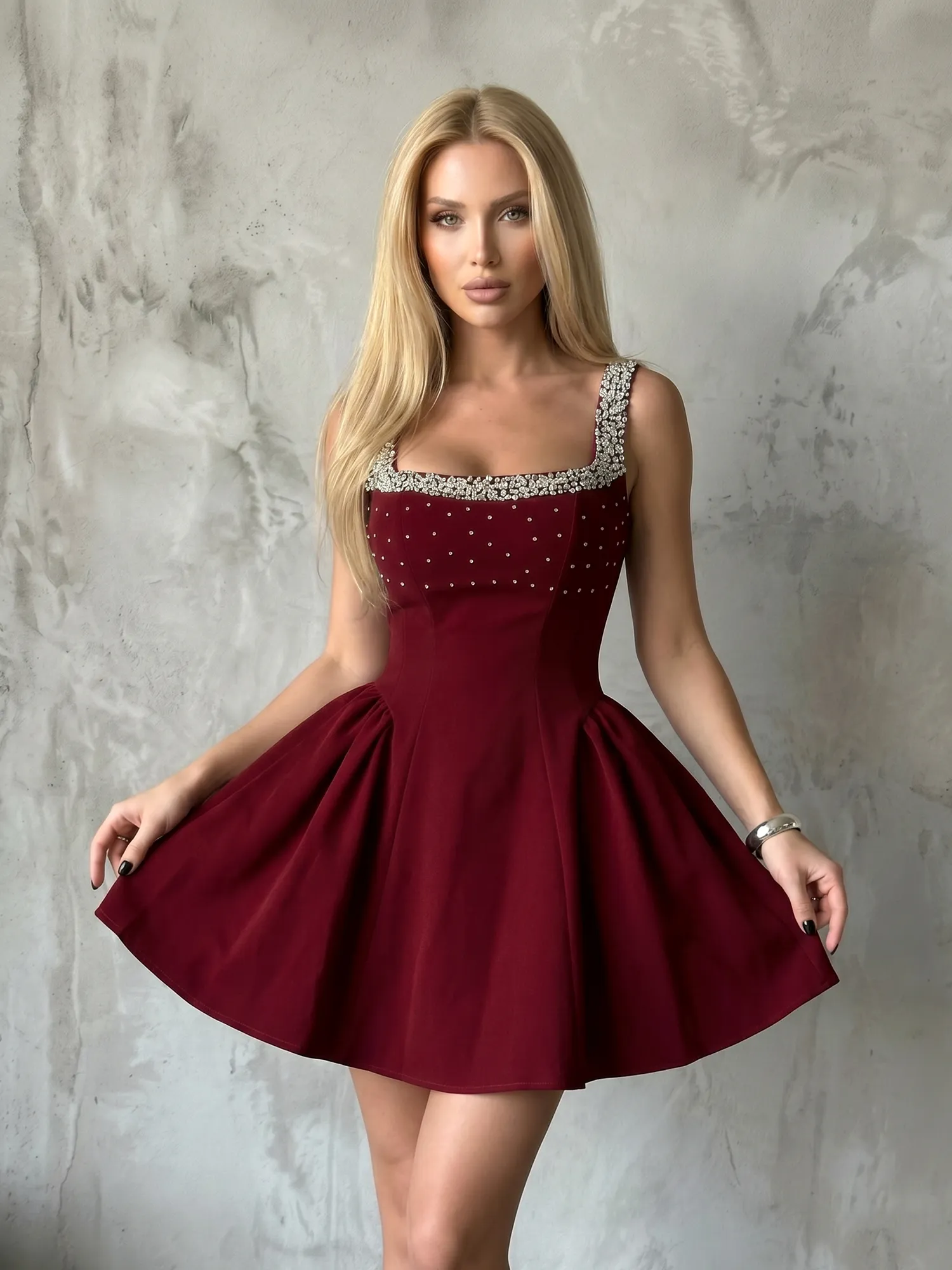 Burgundy Square Neck Crystal-Embellished Velvet A-Line Homecoming Dress