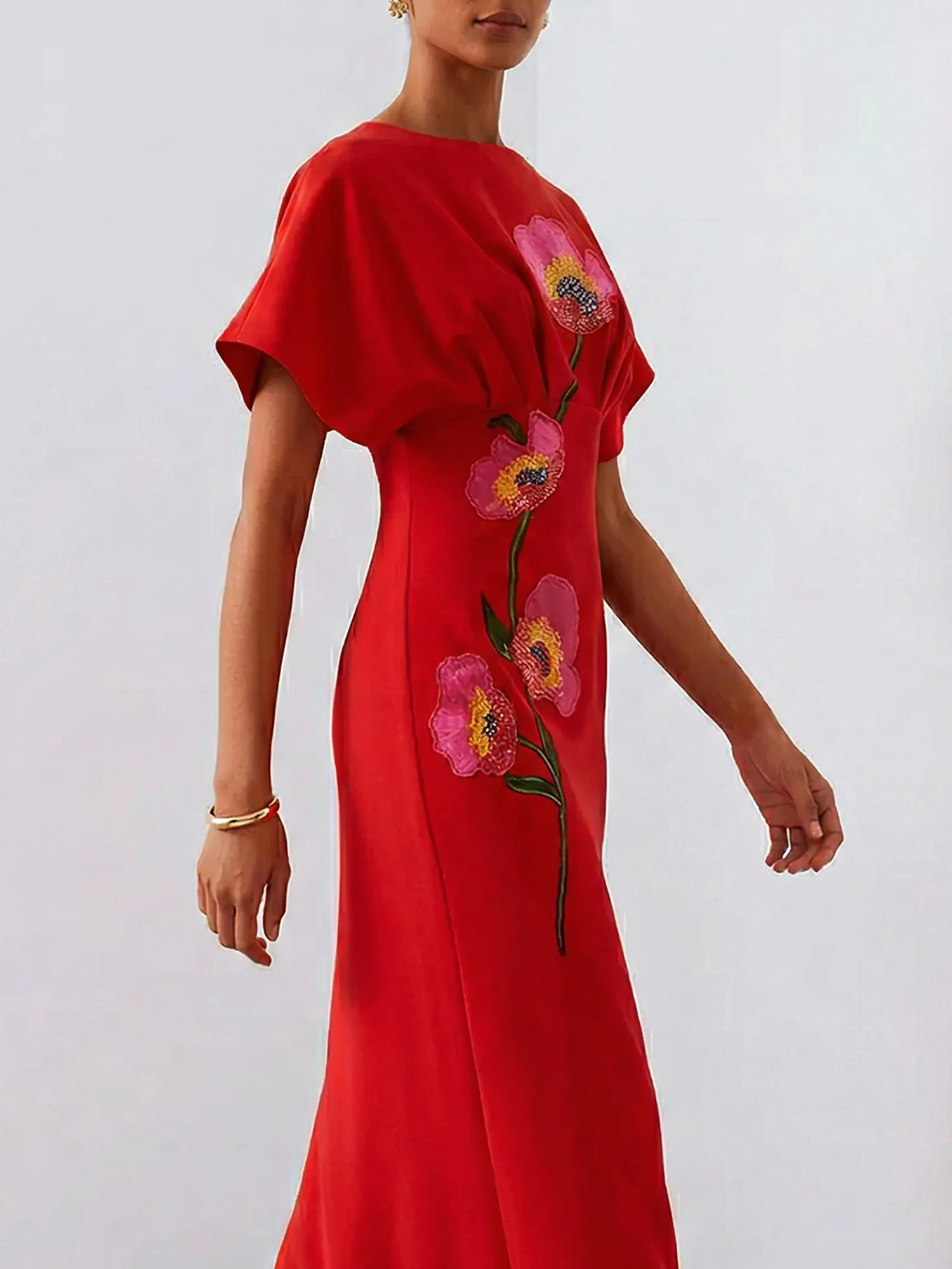 Floral Embroidered Boat Neck Batwing Sleeve Column Evening Gown