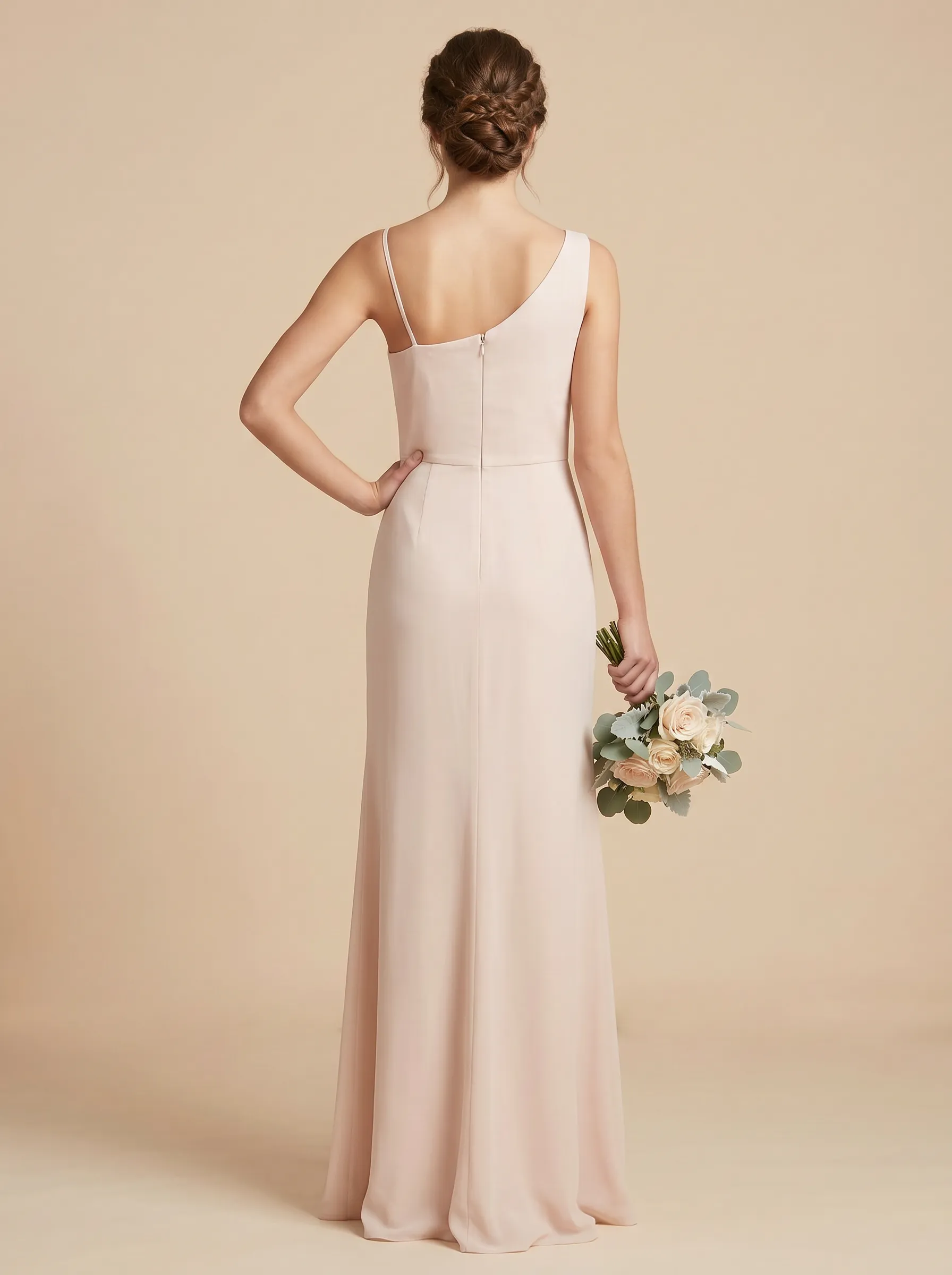 Blush Pink Asymmetric Cowl Neck Chiffon Bridesmaid Dress