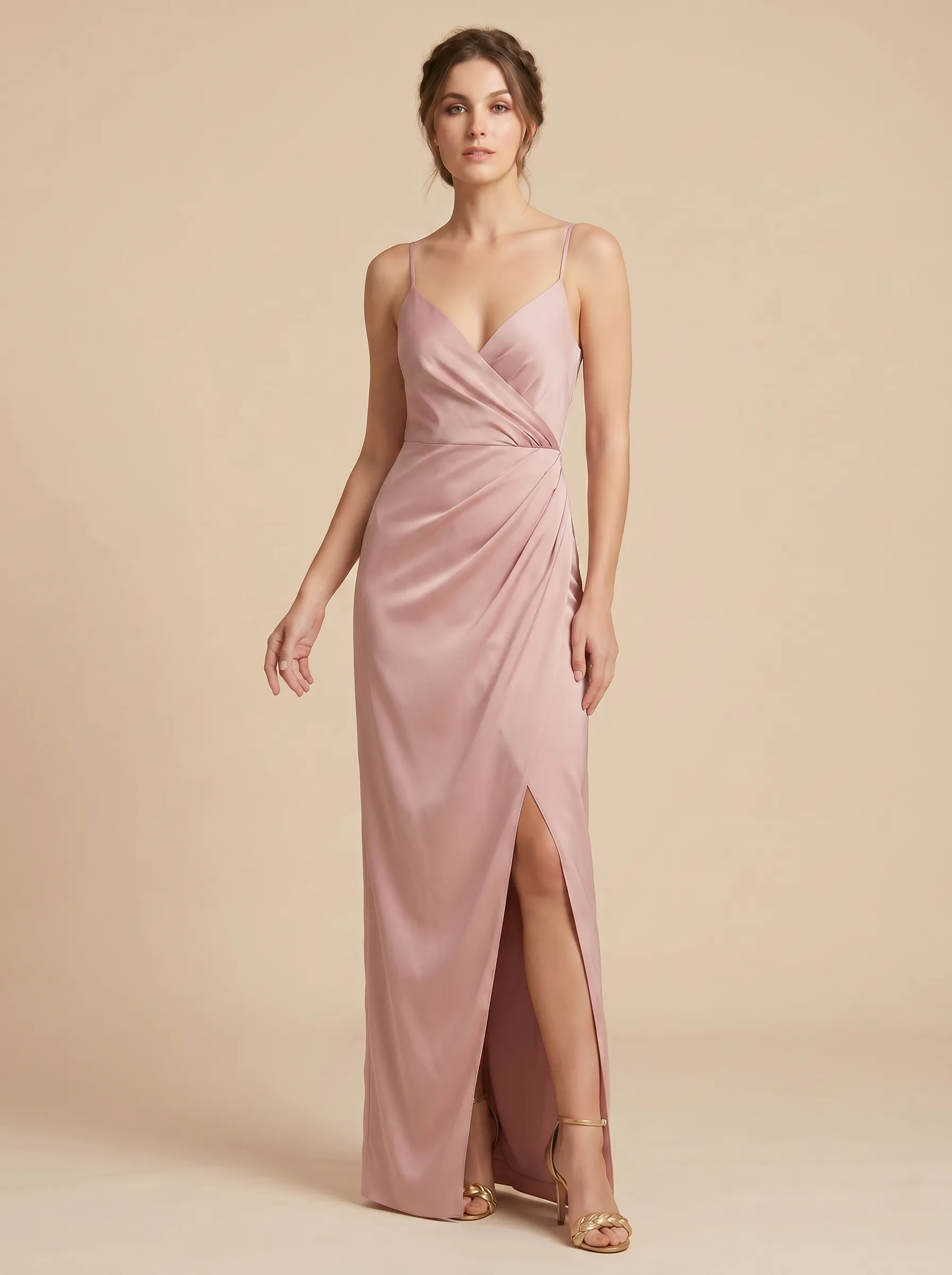 Dusty Rose Spaghetti Strap V-Neck Satin Bridesmaid Dress with Wrap Draping & Slit