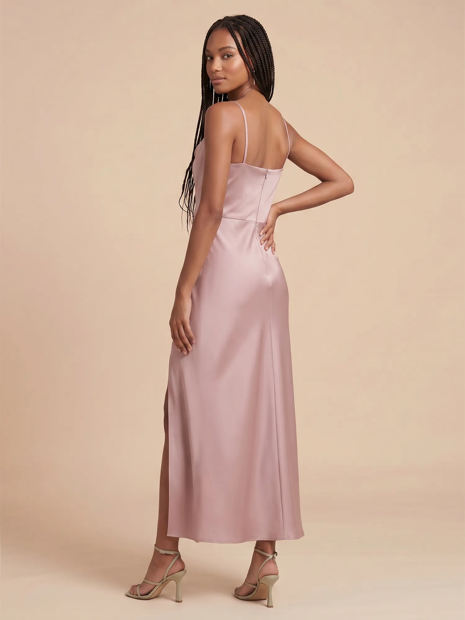 Dusty Rose Spaghetti Strap Cowl Neck Satin Bridesmaid Midi Dress with Slit