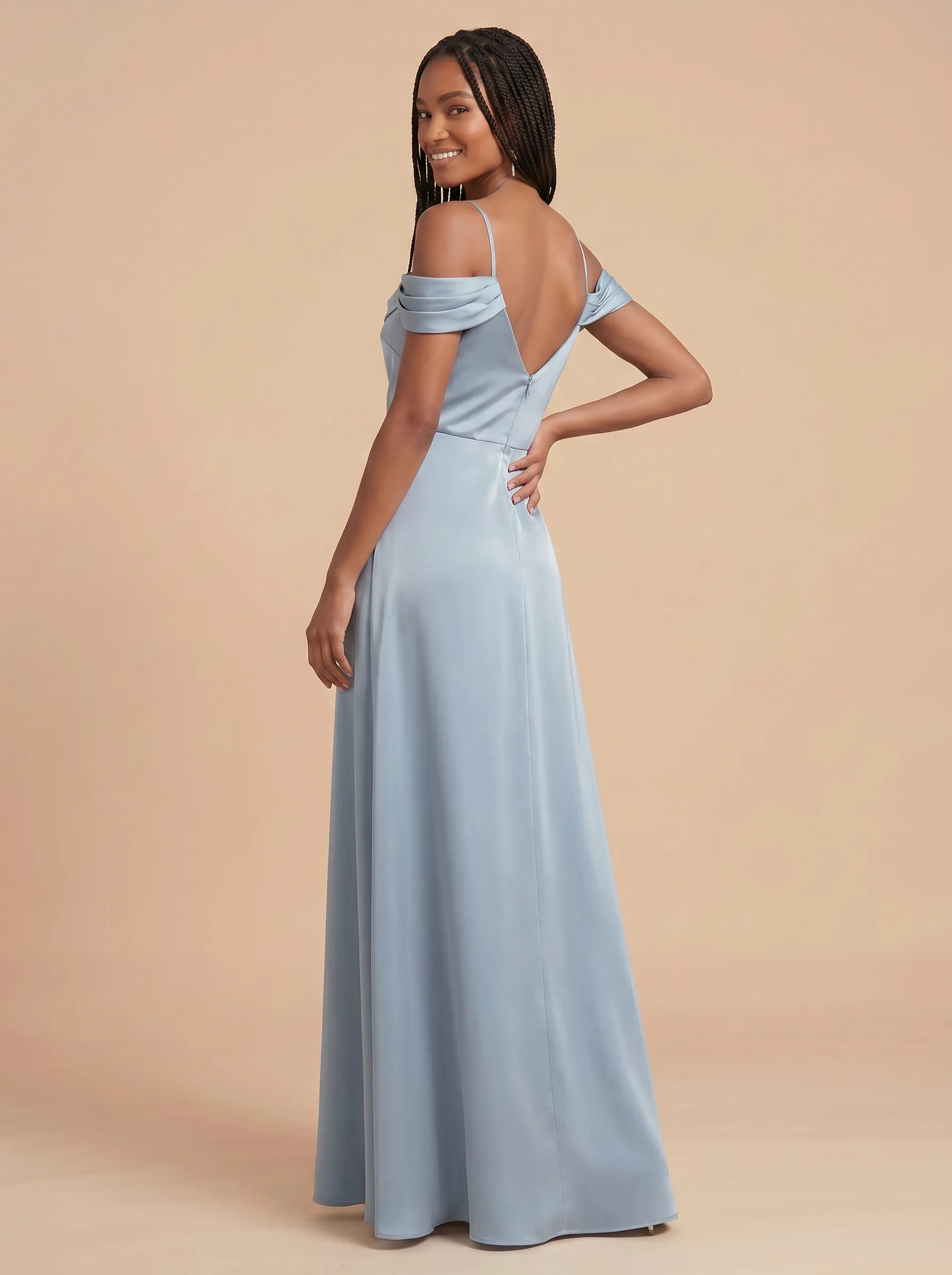 Dusty Blue Off-the-Shoulder Draped Satin A-Line Bridesmaid Dress