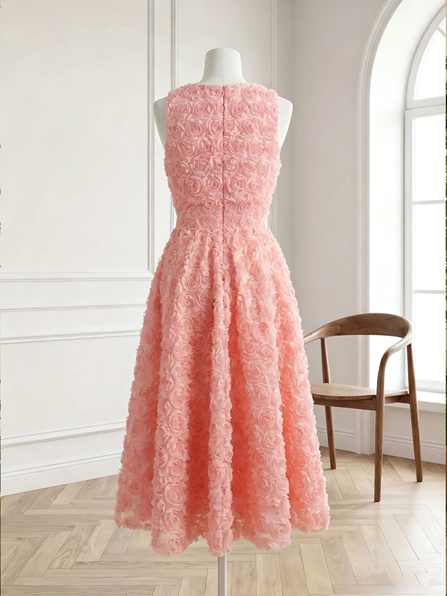 Sleeveless 3D Rose Midi Evening Dress with Satin Bow Sash