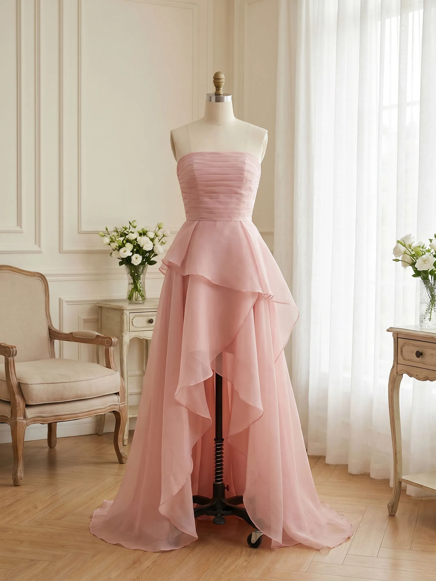 Strapless Tiered Organza Evening Gown with High Slit
