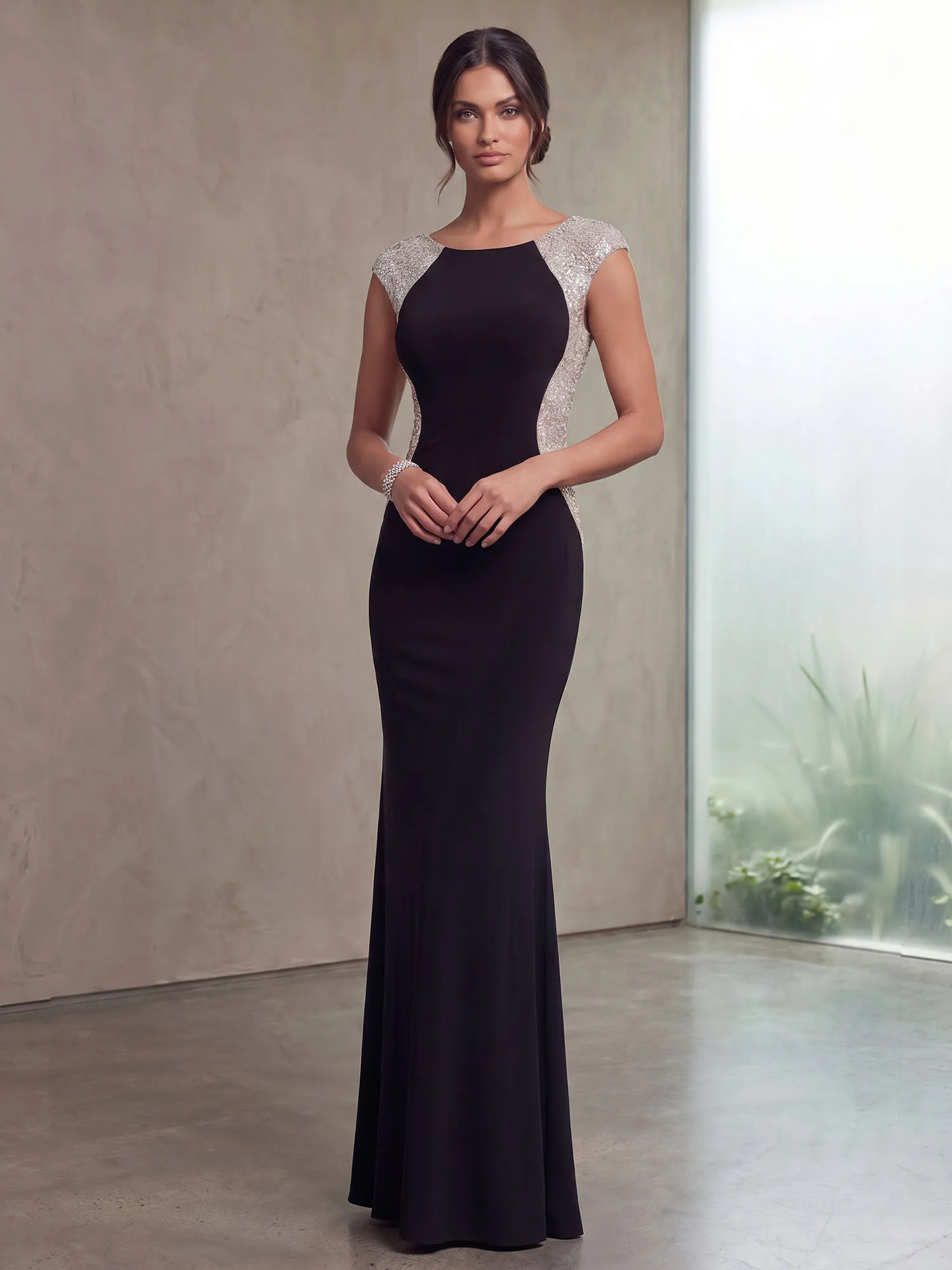 Bateau Neck Sequins Cap Sleeve Mermaid Evening Gown