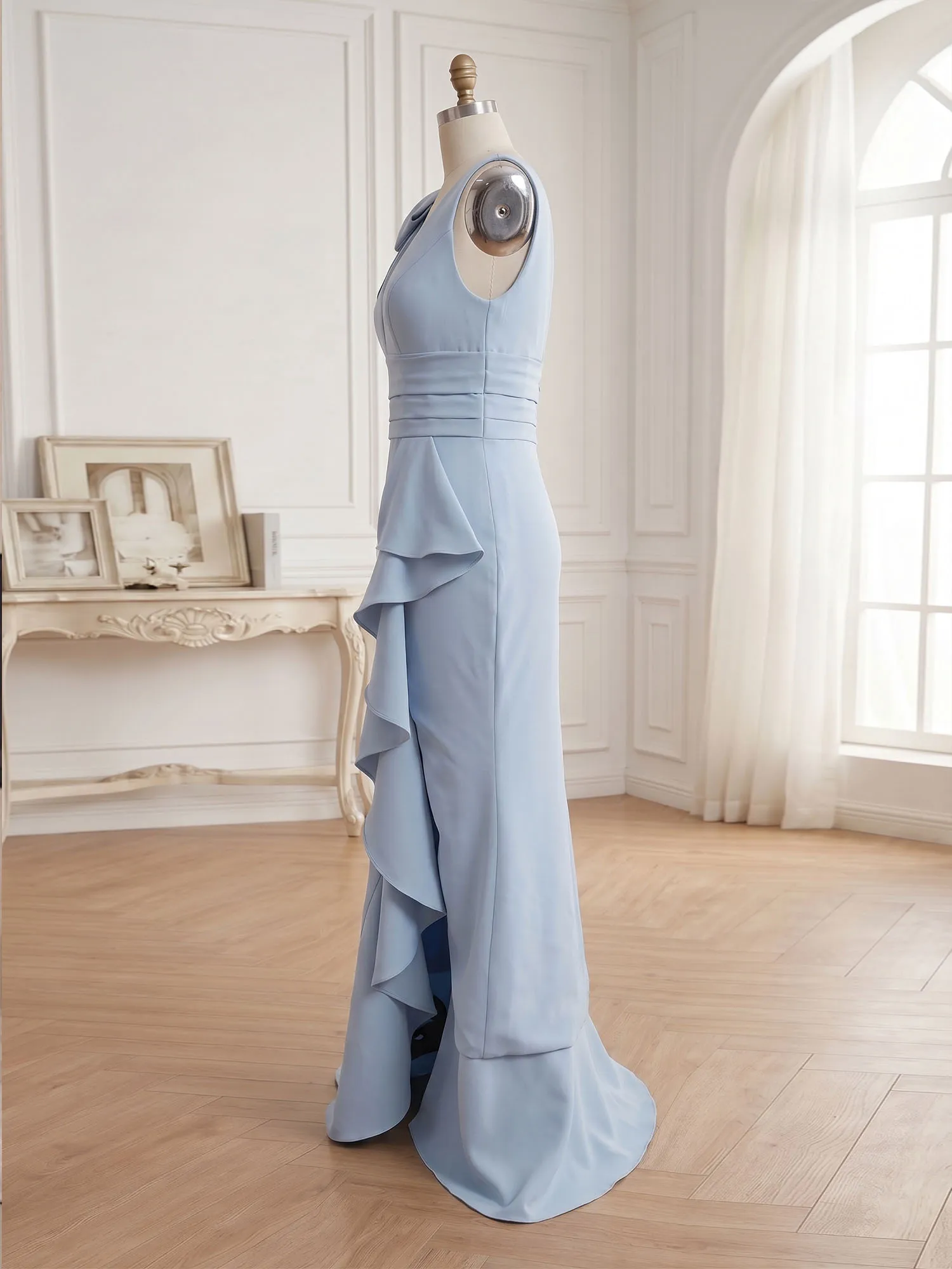 Deep V-Neck Bow-Shoulder Ruffle Slit Mermaid Evening Gown