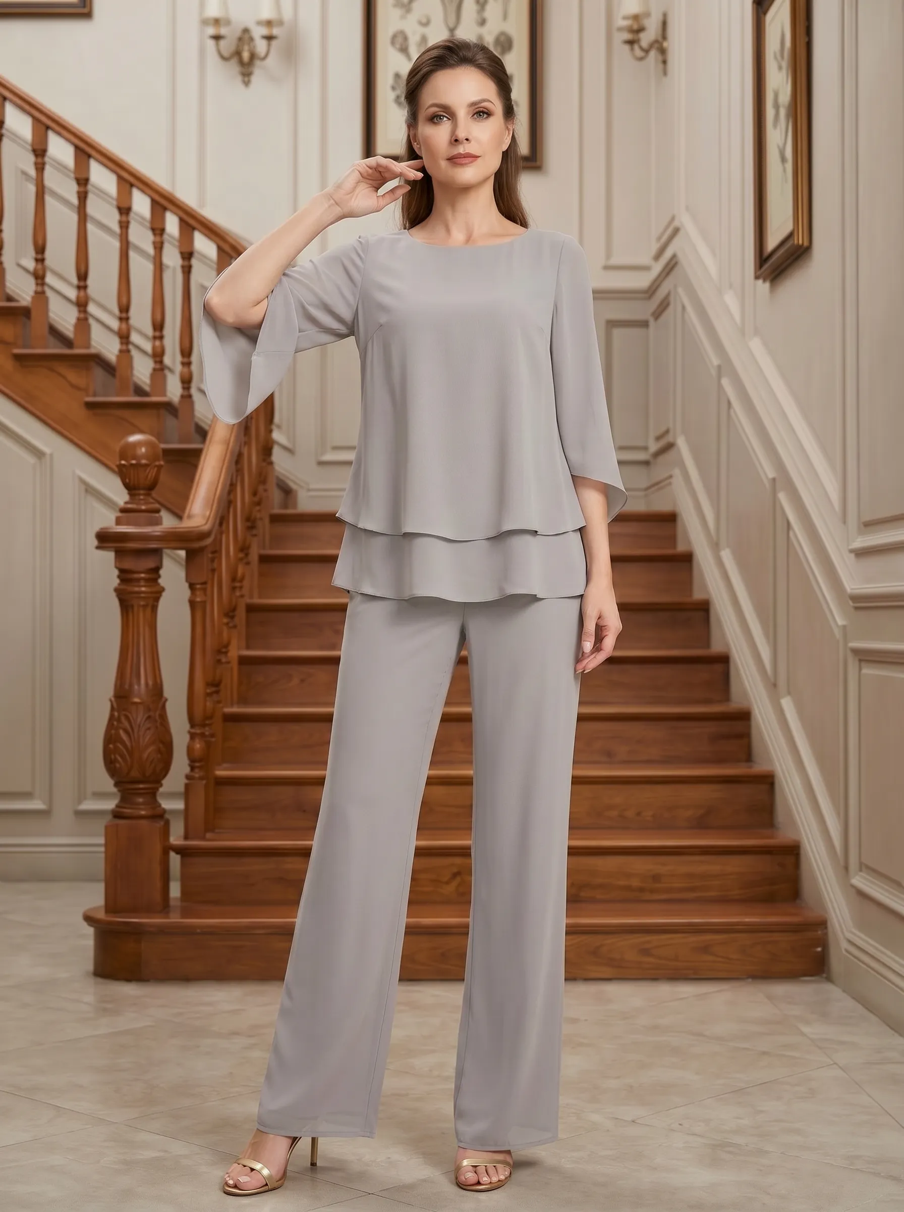 Round Neck Chiffon Two-Piece Mother of the Bride Jumpsuit