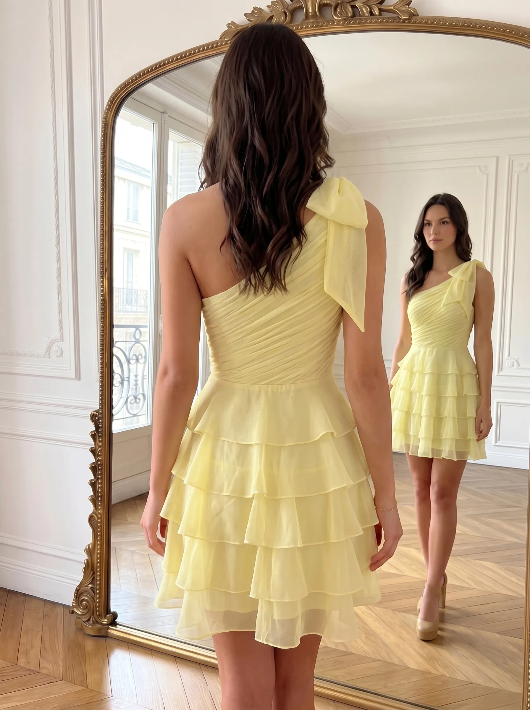 One-Shoulder Bow Chiffon Tiered Ruffle Homecoming Dress